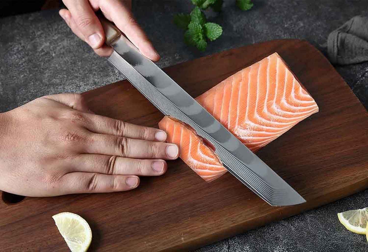 achteckigen Messer einseitig Ebenholz- geschliffen Büffelhorn, Mit Yanagiba und Damastmesser Sakimaru oder Muxel