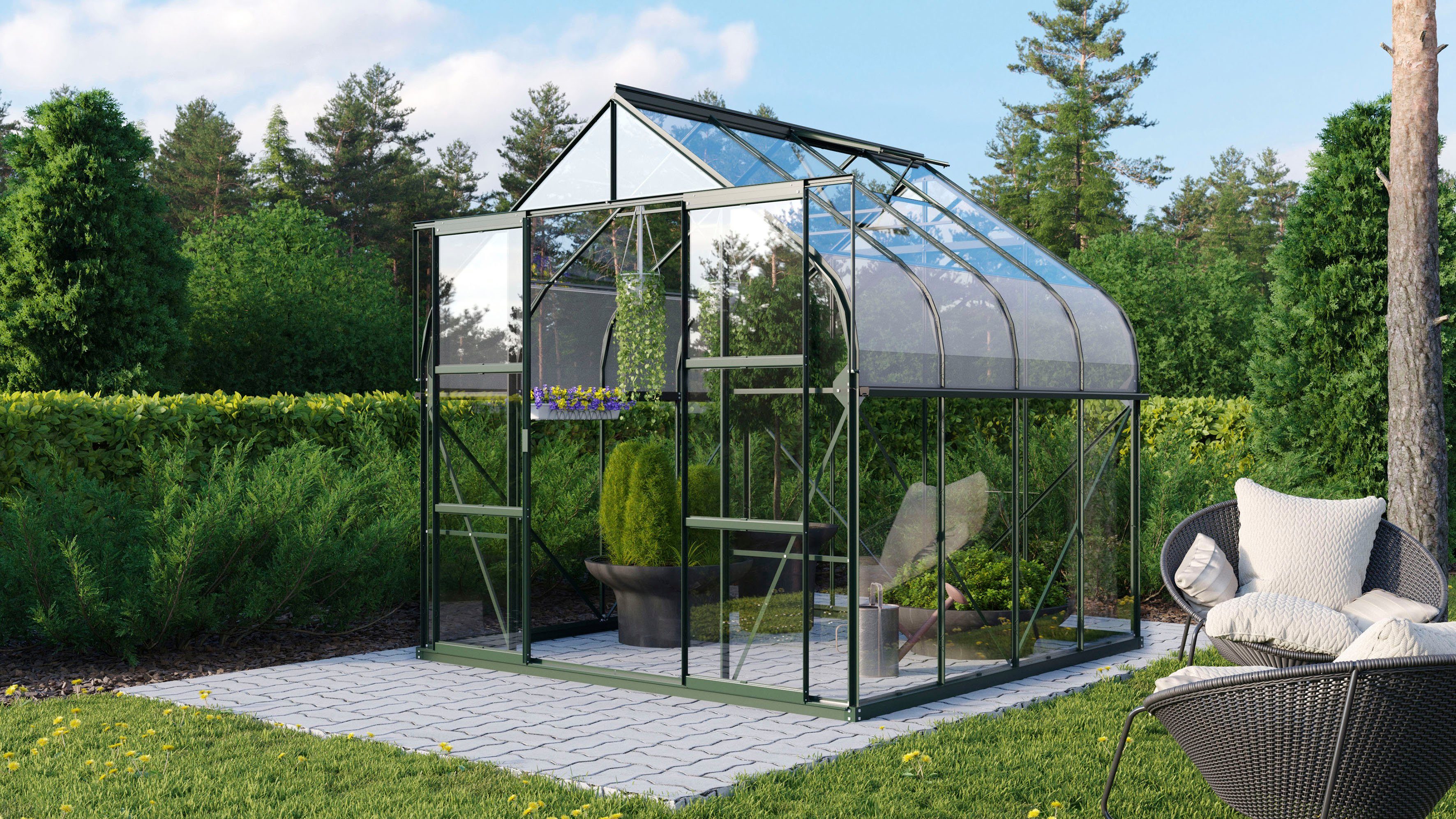 Vitavia Gewächshaus Dione 6700 smaragd, BxTxH: 264 x 258 x 124 cm, 3 mm Wandstärke, Set, inkl. Fundamentrahmen, Dachlüfter und Min-Max-Thermometer grün