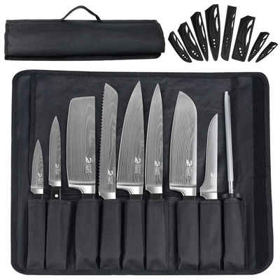 MDHAND Messer-Set Küchenmesserset mit schwarzem Griff (9-tlg), mit Nylontasche und Wetzstahl Spülmaschinenfest