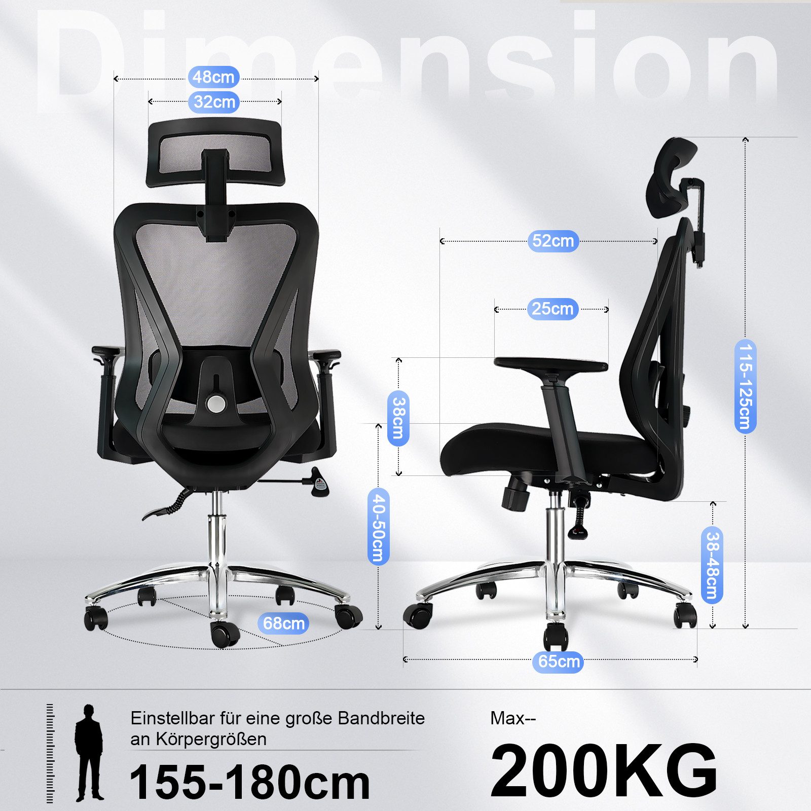 Durrafy Bürostuhl Ergonomischer Bürostuhl, Schreibtischstuhl Höhenverstellbarer Schwarz (4D-verstellbare Lendenstütze, Verstellbarer Kopfstütze & Armlehnen, Belastbar bis 200KG), 3-stufiger Neigungsarretierung 90-130°, Höhenverstellbarer Drehstuhl