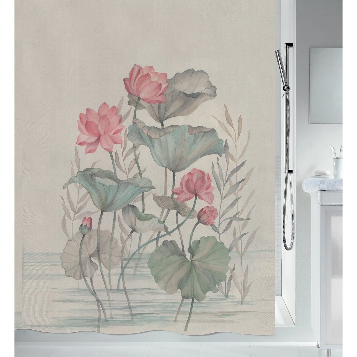 spirella Duschvorhang JAYA Breite 180 cm, Premium Textil-Duschvorhang, 100% Polyester, wasserabweisend, Anti-Schimmel-Effekt, waschbar 40°, romantisches Floral Motiv, Farbe beige-grau / bunt pastell, Größe 180 x 200 cm