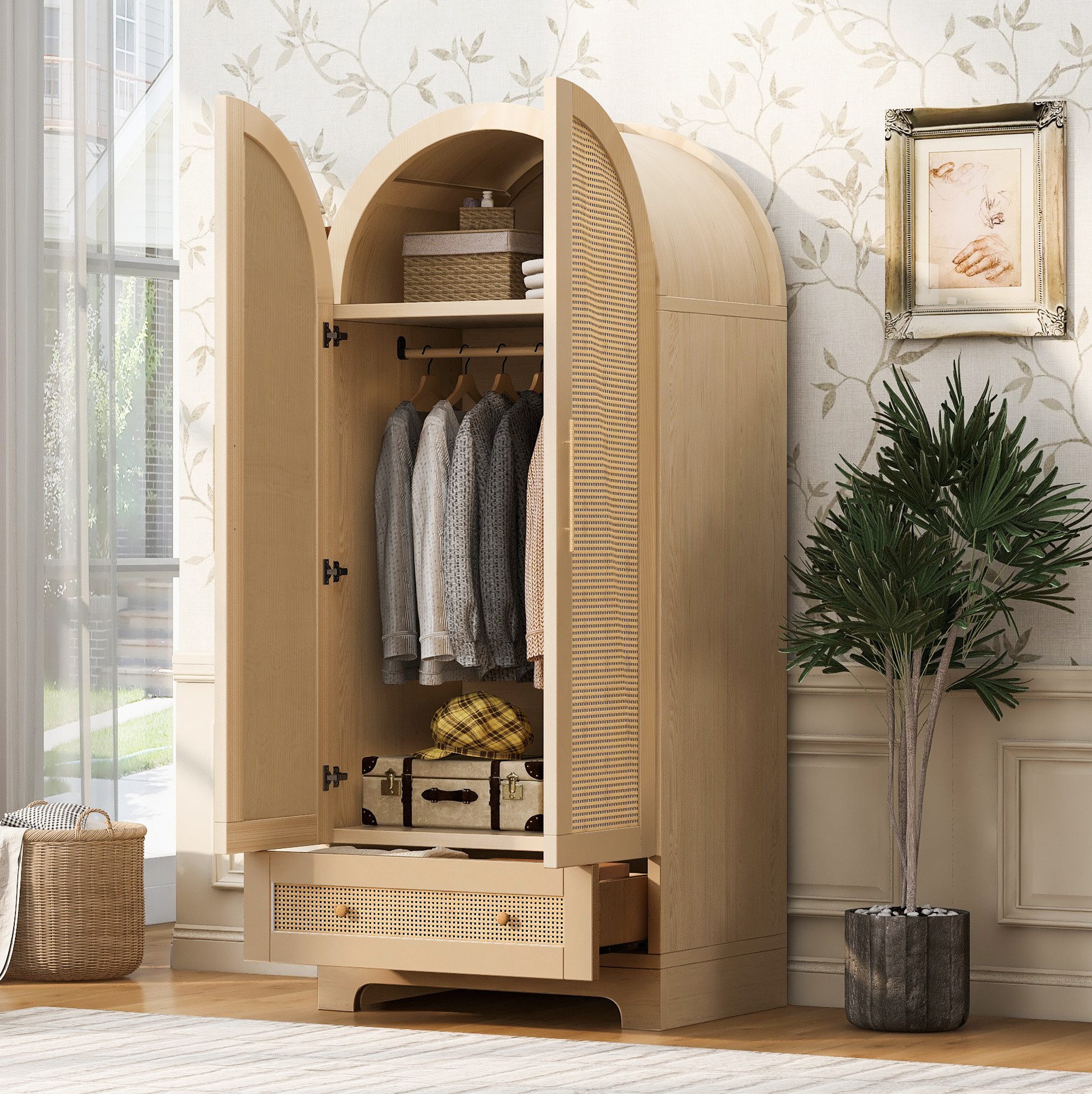 MODFU Kleiderschrank Doppeltüriger Schrank 70x55x170 cm, Mehrzweckschrank (Aufbewahrungsschrank mit Rattanstruktur, Schubladen und Ablagefächern für moderne Zuhause) Garderobenschrank Mehrzweckschrank