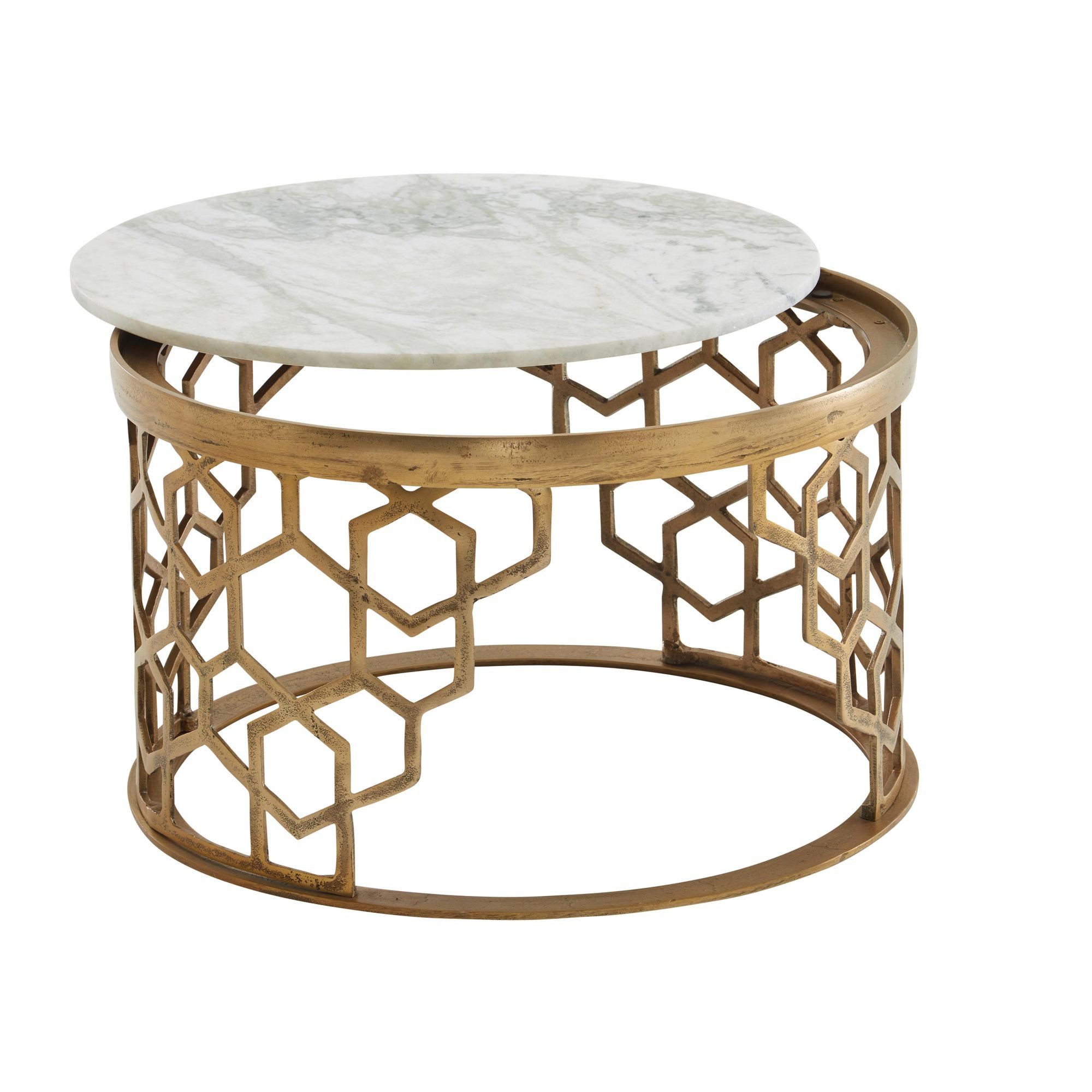 FINEBUY Couchtisch FB82239 Sofatisch Echter Marmor Ø 60 cm Tisch Wohnzimmertisch Rund (Sofatisch Metall, Wohnzimmertisch Modern), Echter Marmor Weiß / Gold 60x60x36 cm Rund