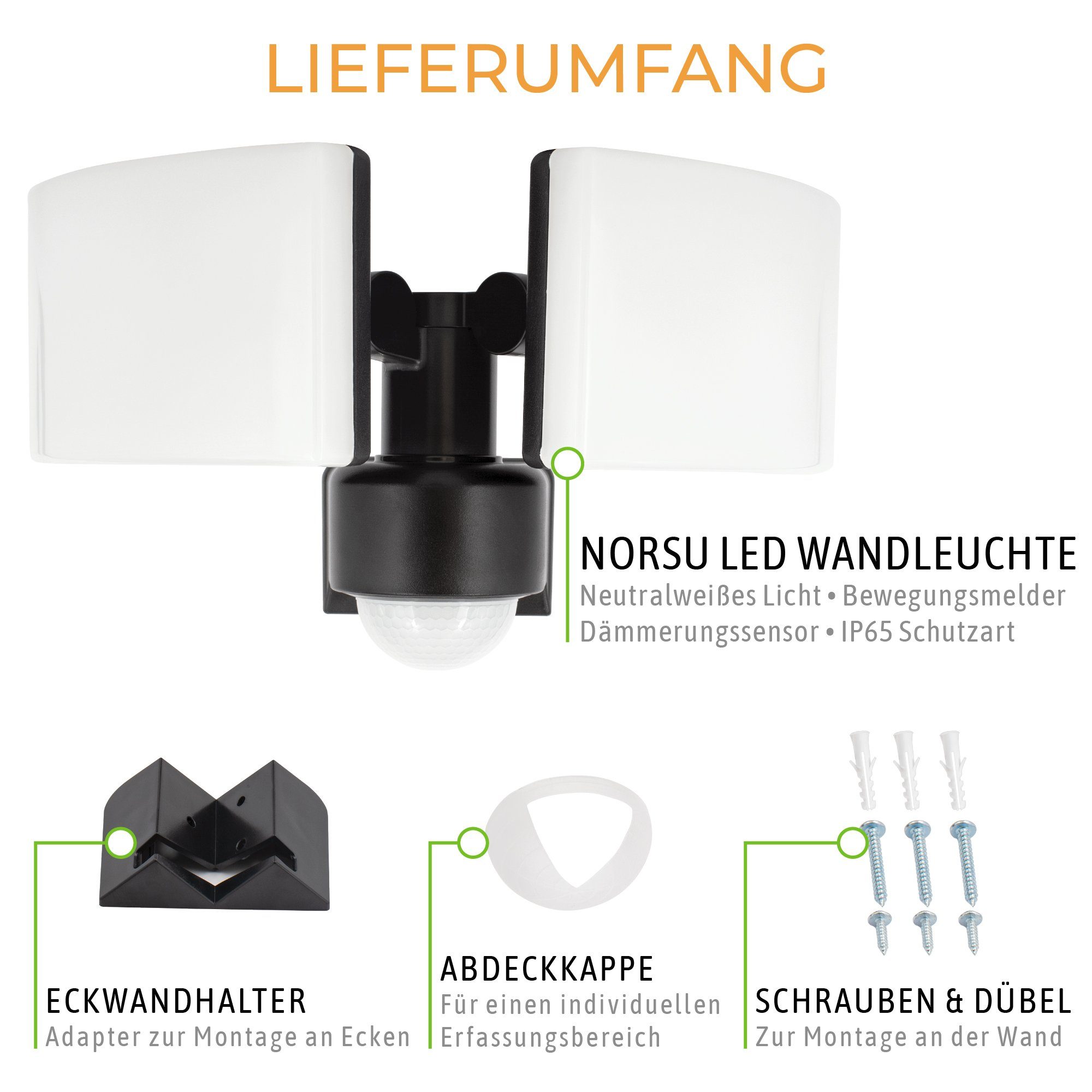 SSC-LUXon LED Aufbaustrahler NORSU LED Wandstrahler Bewegungsmelder IP65 schwenkbar drehbar 40W, Neutralweiß
