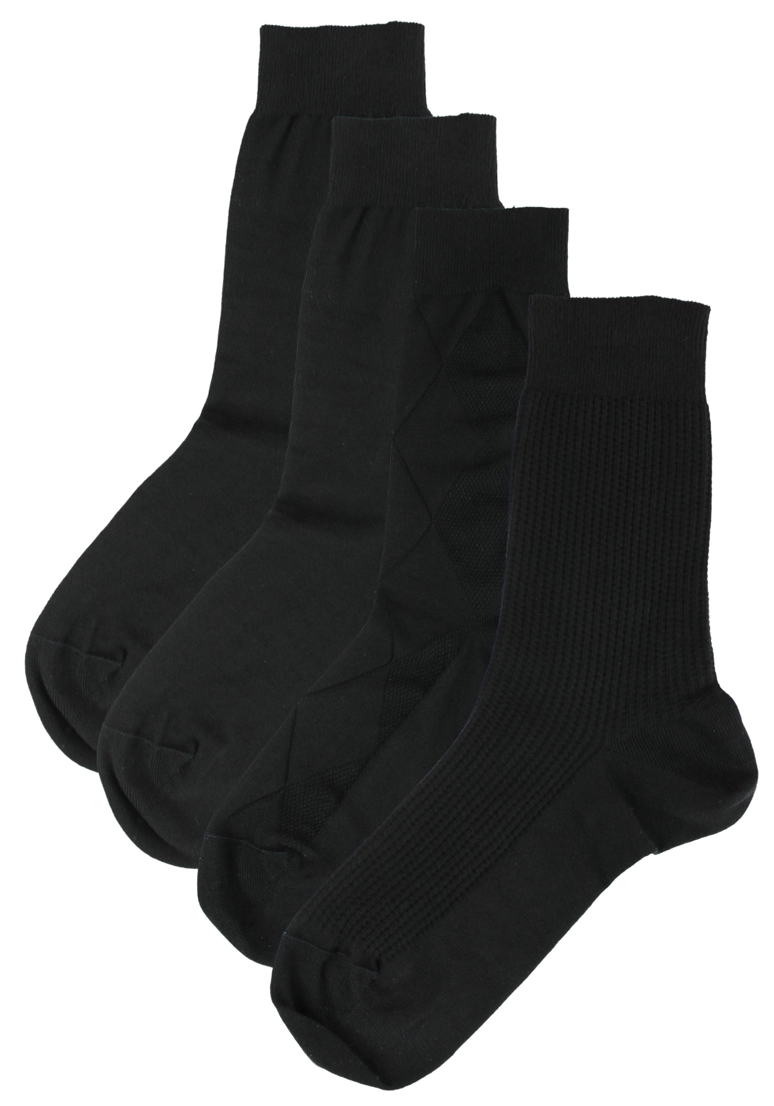 Socken (4-Paar) Rogo schwarz Strukturen Strukturmuster mit