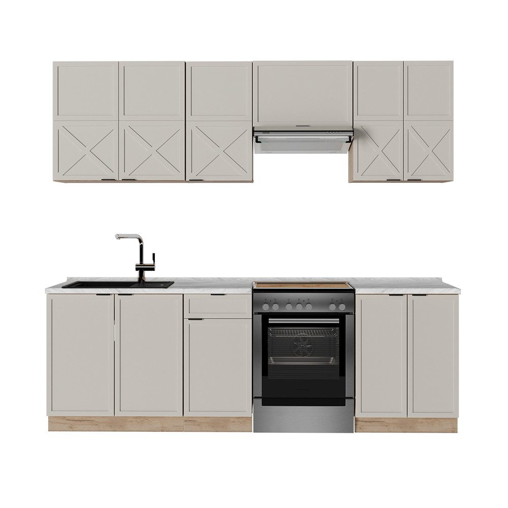 Vicco Küchenzeile Fame-Line, GrauBeige/Goldkraft Eiche/Goldkraft Eiche, 240 cm ohne A...