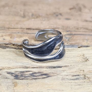KARMA Fingerring Damenring Silber Edelstahl mit schwarzer Einlage verstellbar, Silberring Damenschmuck Statement Ring Damen