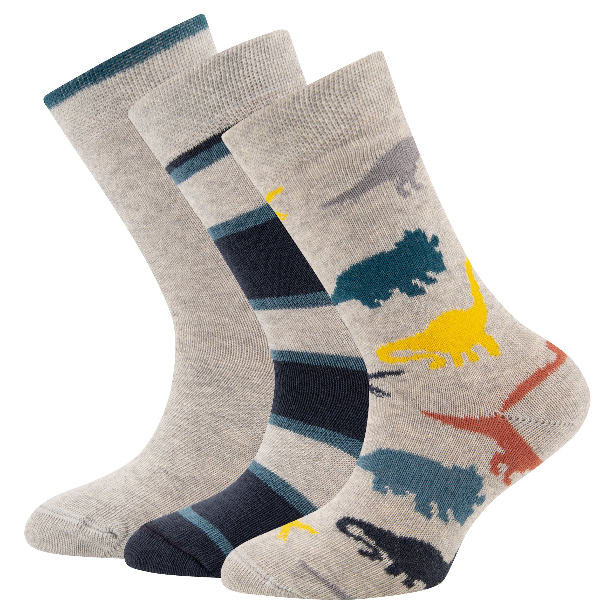 Socken Ewers Jungen 3er Pack Strümpfe Jungen Socken Dino Ringel Uni grau