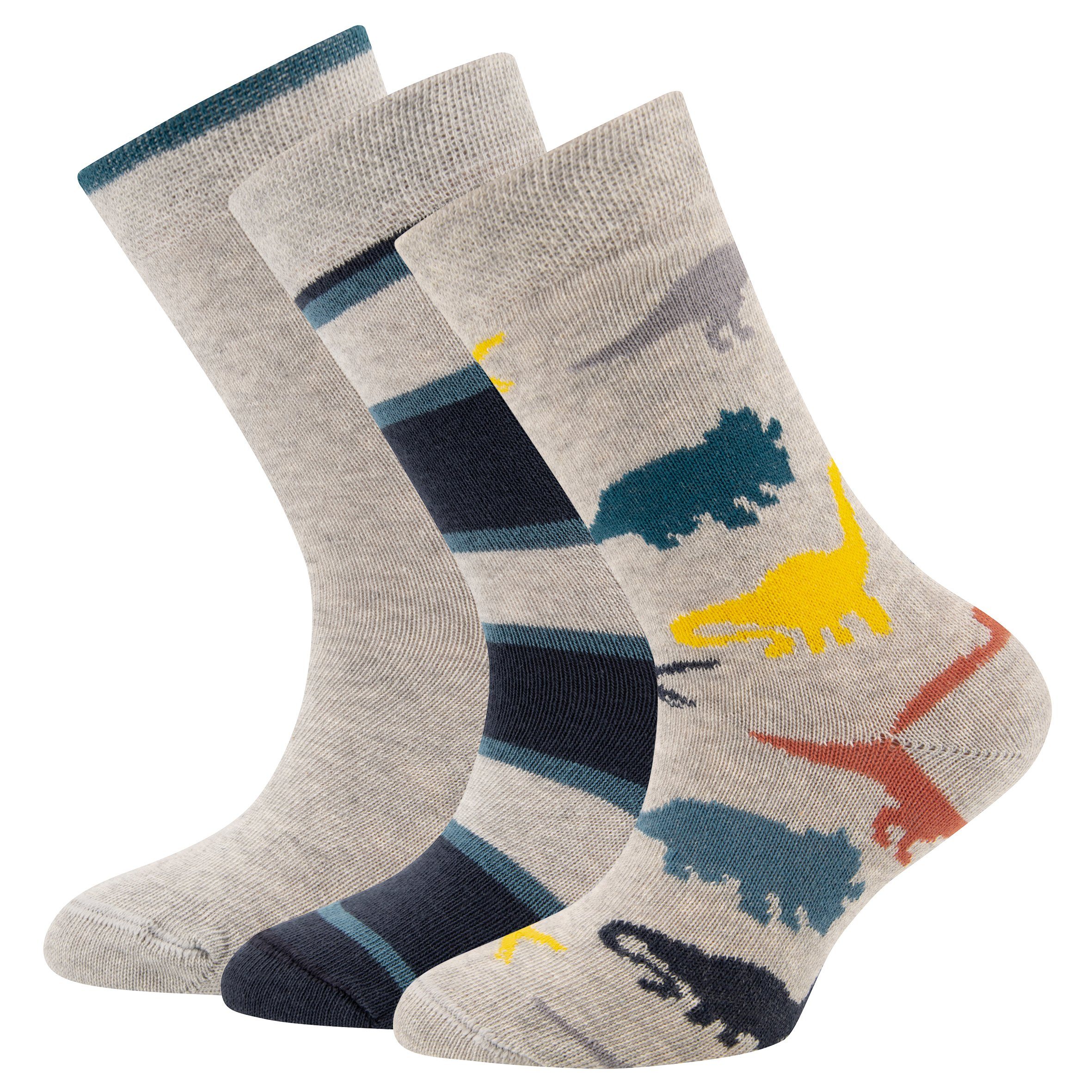 Ewers Socken Ewers Jungen 3er Pack Dino Socken grau Jungen Uni Ringel (3-Paar) Strümpfe