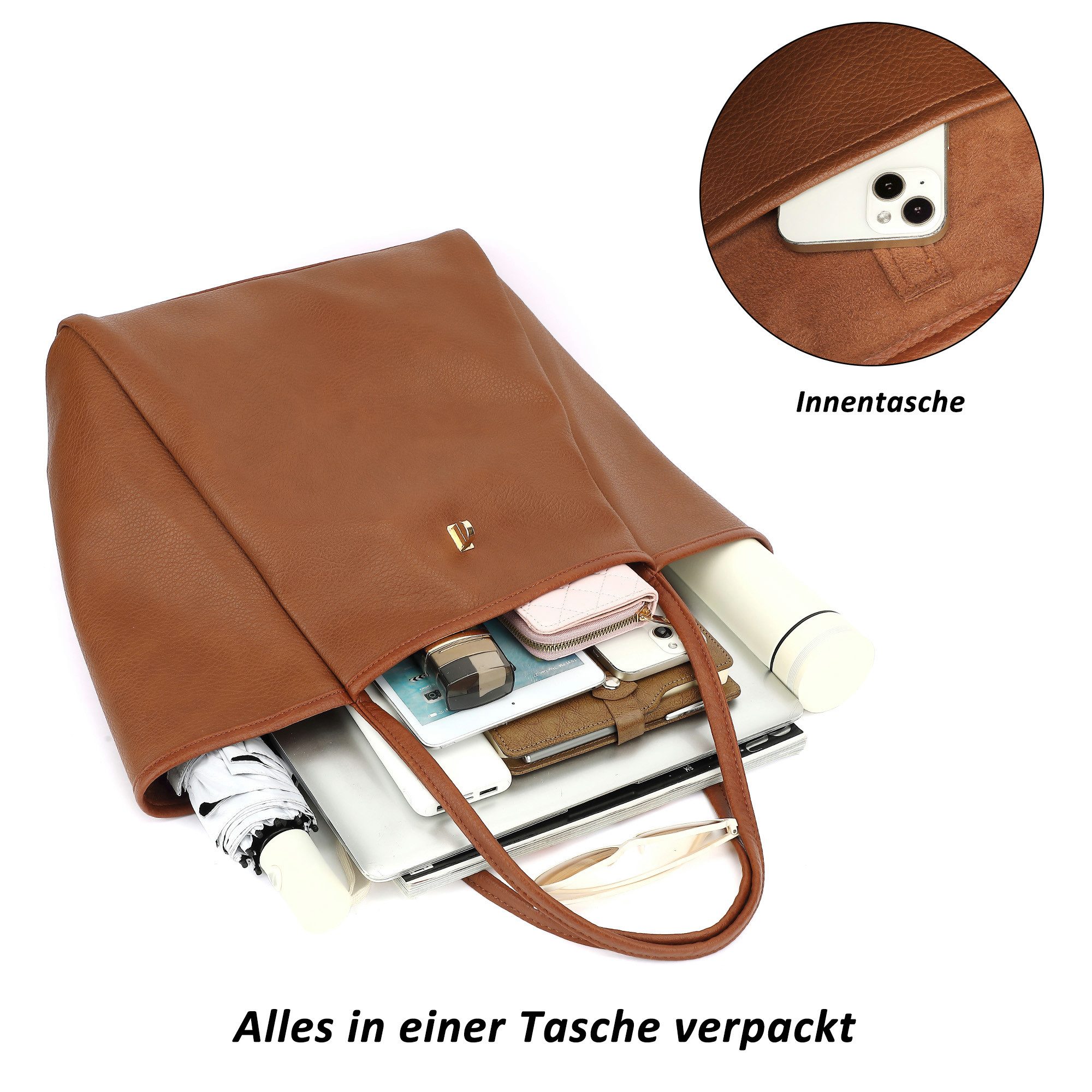 TAN.TOMI Schultertasche Damen Umhängetasche PU Leder Tote Shopper Bag Reise Geldbörse, Mit Drehverschluss und Innentasche für Arbeit, Schule, Einkauf
