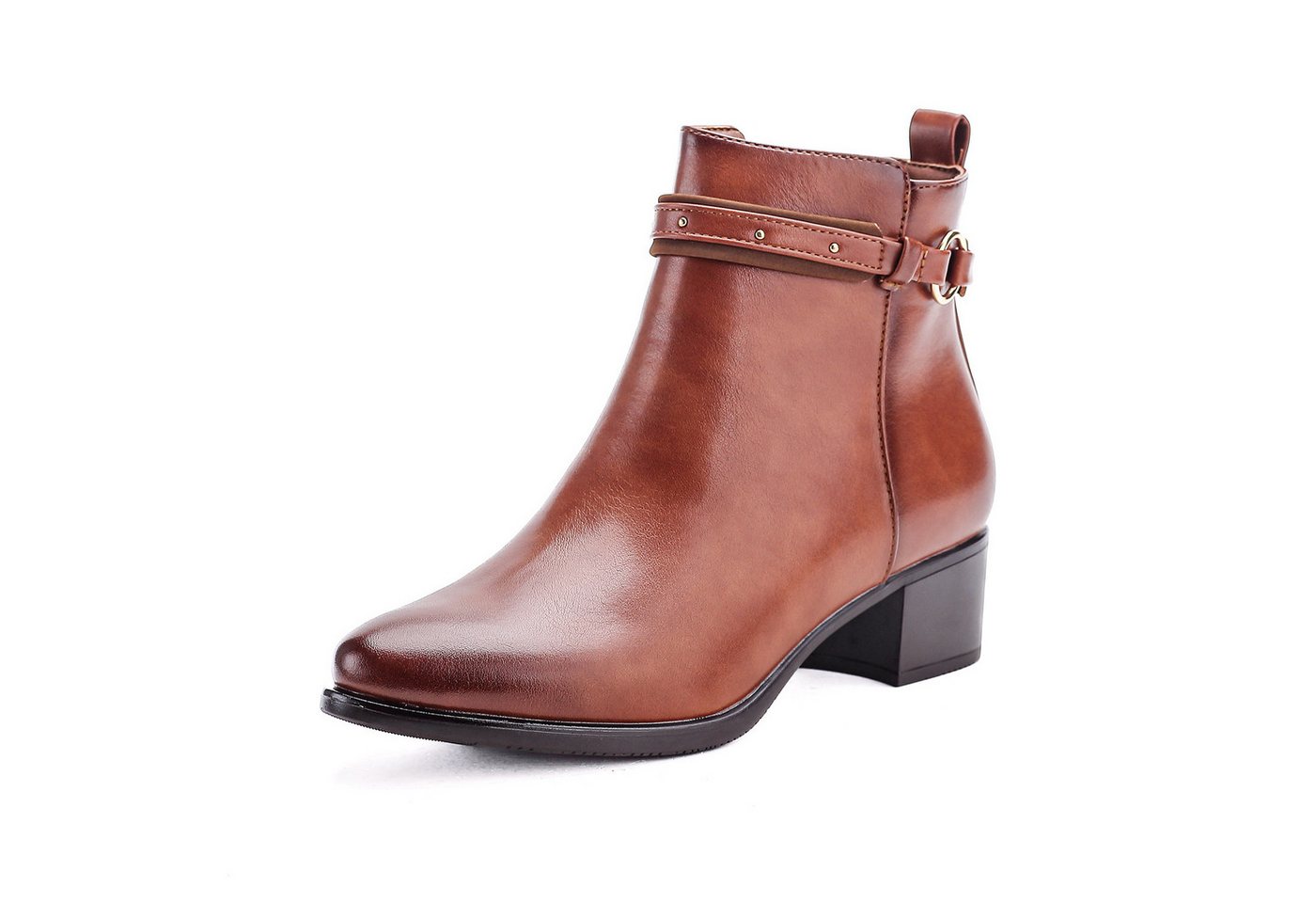 Elara Damen Ankle Boots mit Riemen, Ziernieten und Blockabsatz Stiefelette