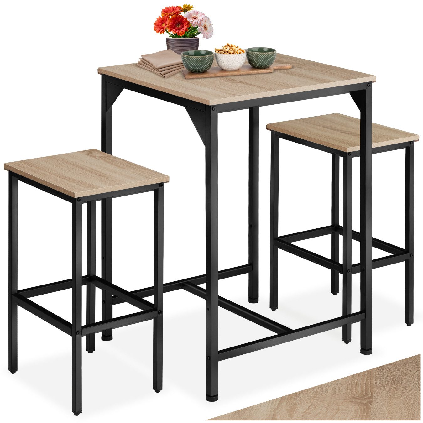 tectake Stehtisch Barset (1-St., 3 tlg), 3er-Set aus Bartisch und zwei Barhockern im trendigen Industrial-Look