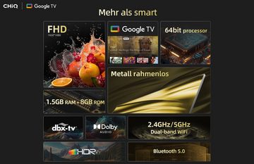 CHiQ L32H8CG LED-Fernseher (81,00 cm/32 Zoll, Full HD, Google TV, Smart-TV, Metall rahmen,WiFi,Google Assistant,Triple Tuner(DVB-T2/T/C/S2)