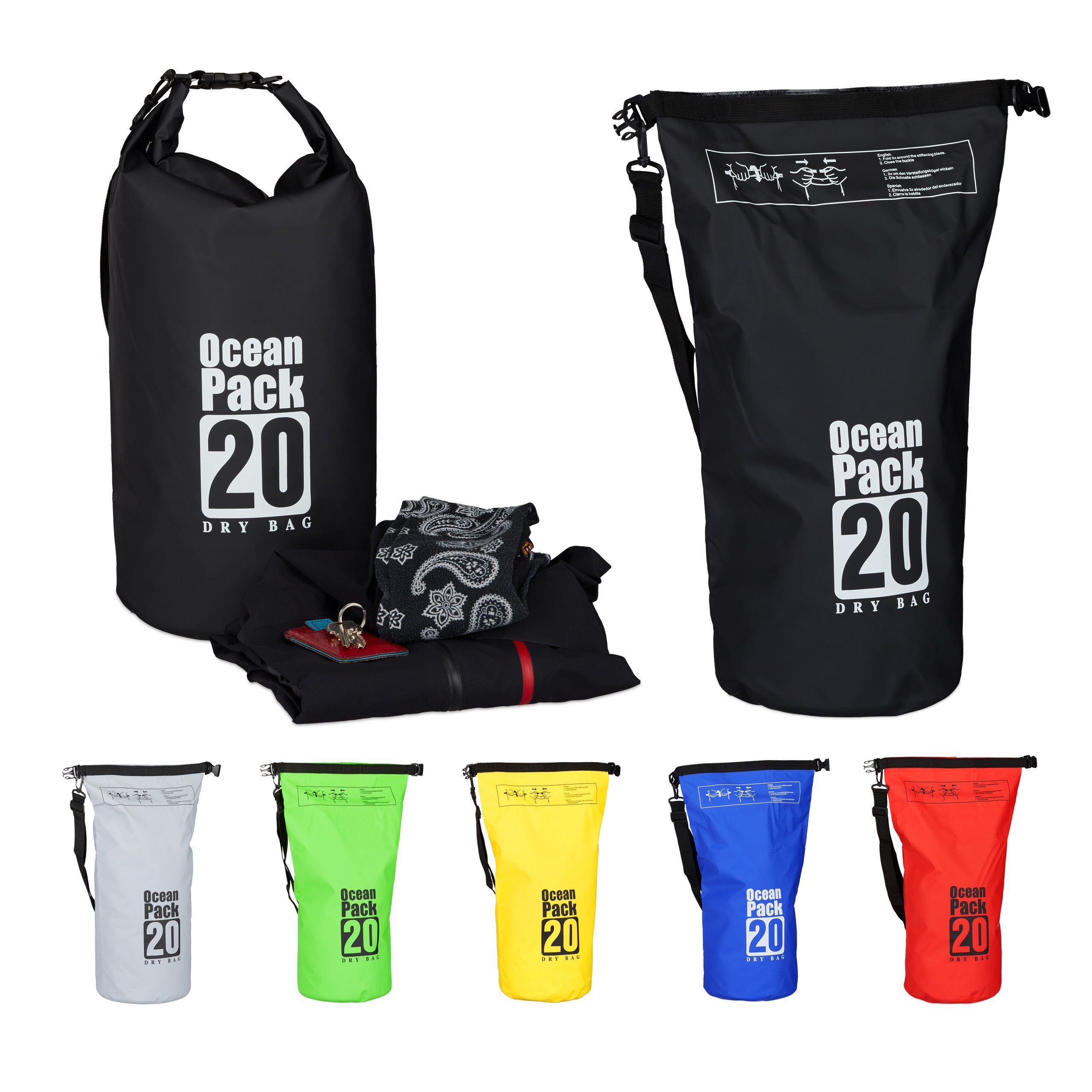 relaxdays Packsack Ocean Pack 20L wasserdicht, Schwarz