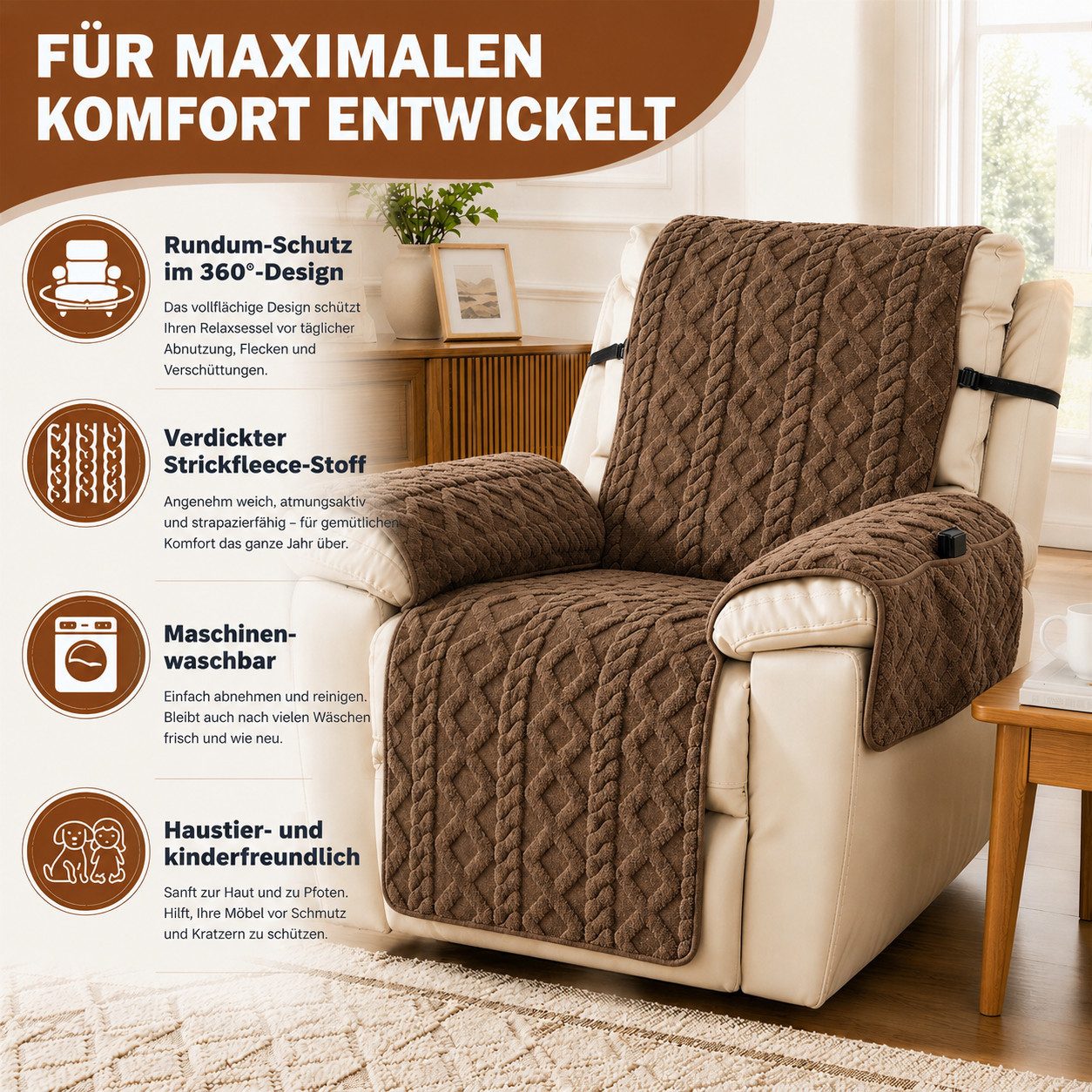 BlingBin Sesselschoner Sofa Armlehnenbezüge für Relaxsessel, Sessel Überzug Rutschfest, Schonbezug Sessel Fernsehsessel mit Taschen,für Senioren Haustieren – Bild 2 von 5