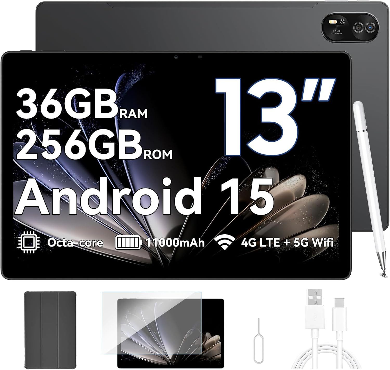 blackview Mega8 13' 4G LTE 12GB+512GB/256GB incl. Stift/Hülle Tablet (13", 512 GB, 4G(LTE), 13 zoll, Android 15, 50MP, 11000mAh, 4G LTE, T620, 512GB)