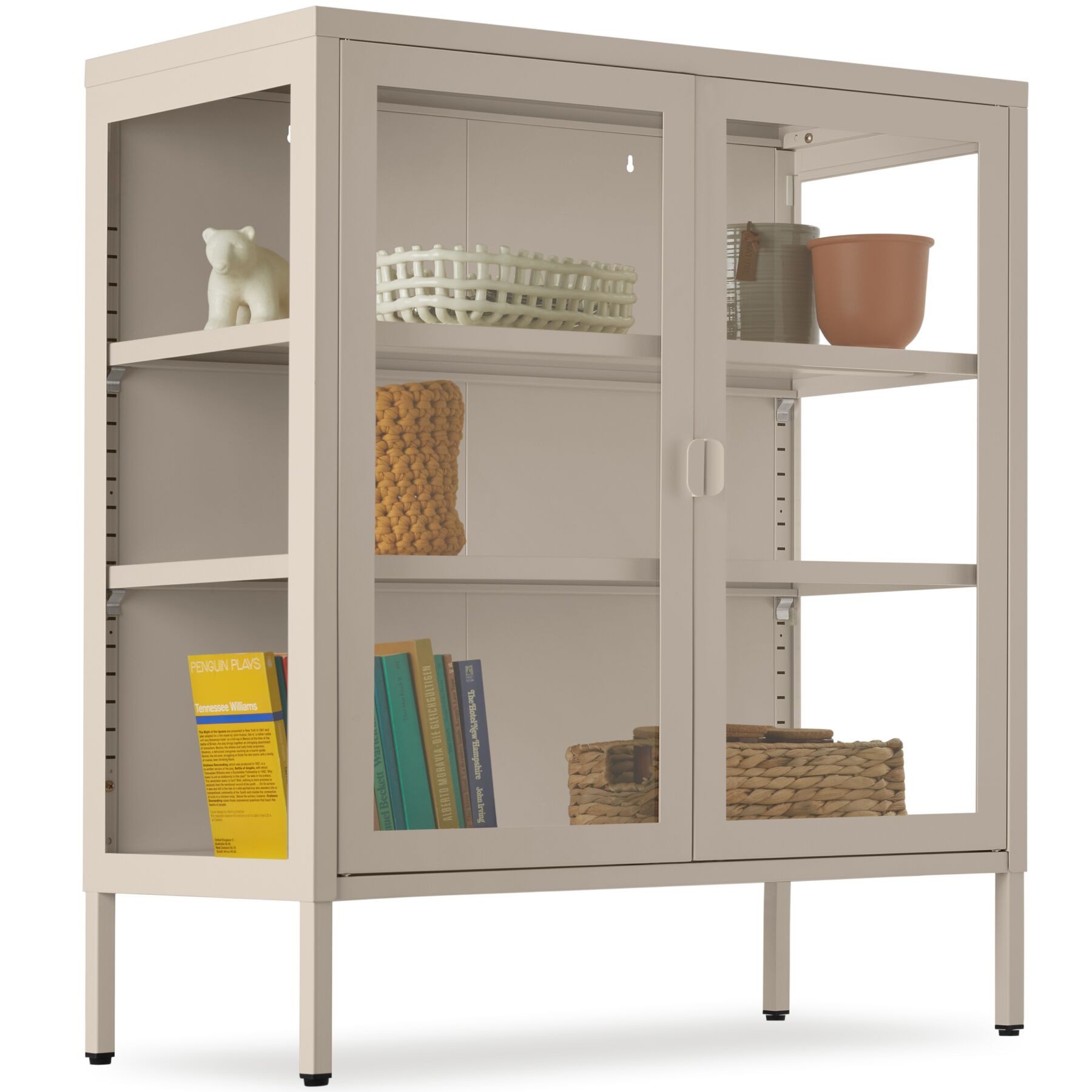 tectake Lowboard Glasvitrine mit Magnetverschluss, verstellbaren Böden und Kippschutz (Vitrinenschrank aus Metall Baker, in Taupe), Stahl pulverbeschichtet, höhenverstellbare Füße, Maße 80x37x90,5 cm