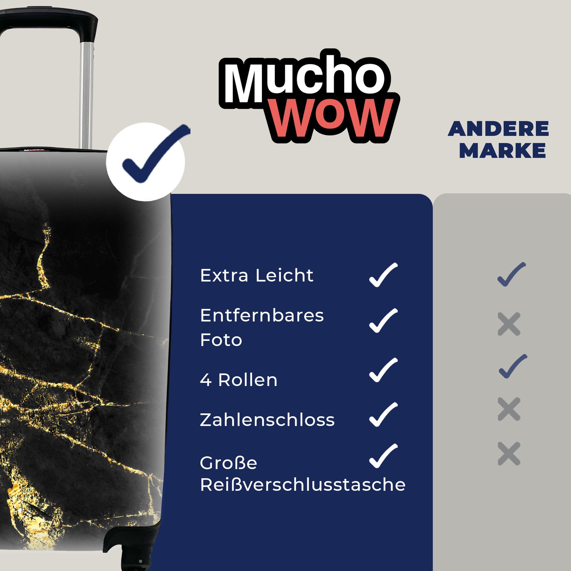 MuchoWow Handgepäckkoffer Marmor - für 4 Trolley, Reisekoffer - Gold Rollen, Reisetasche Luxus, Handgepäck Ferien, - mit rollen, Schwarz