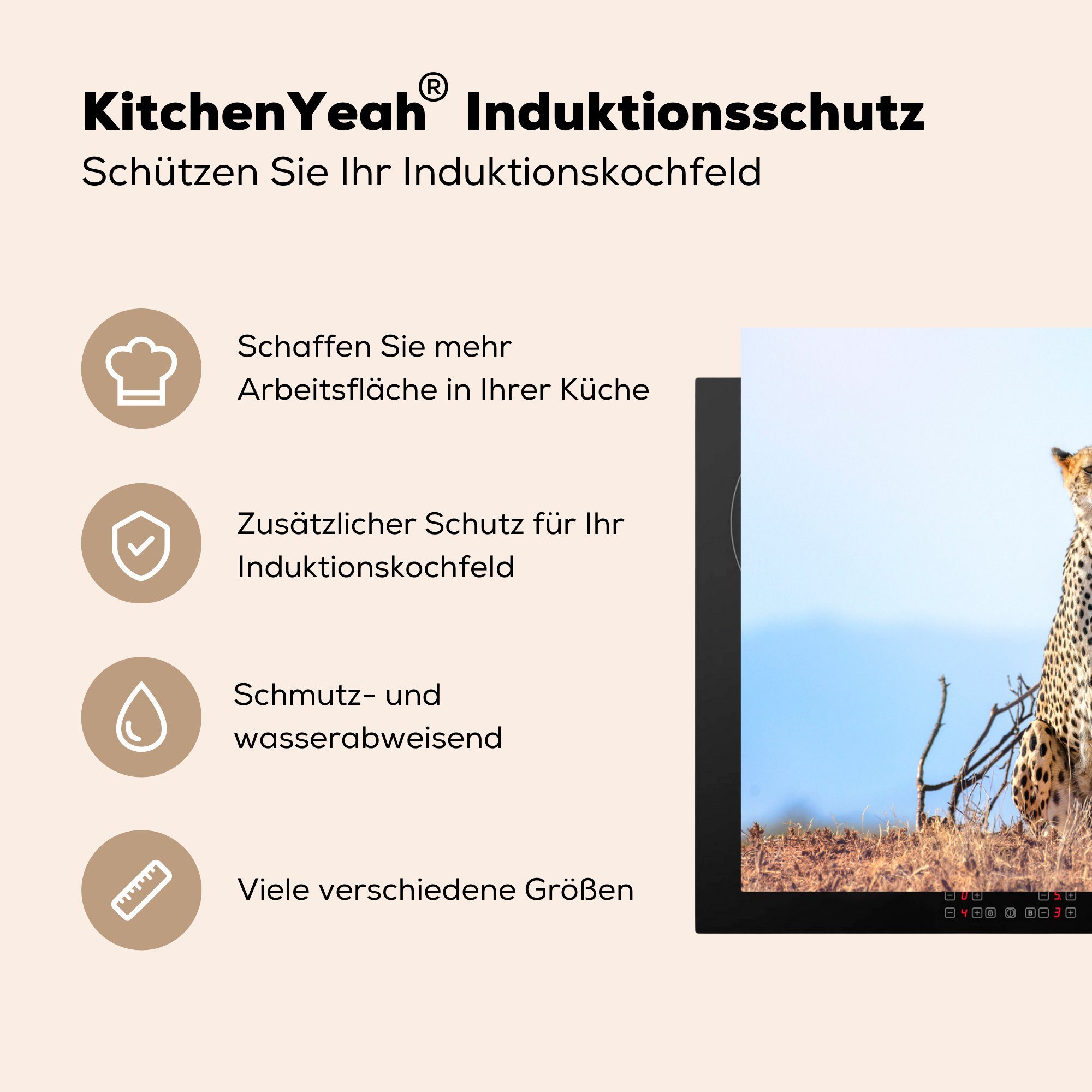 Wild küche tlg), Herdblende-/Abdeckplatte Ceranfeldabdeckung, - Jagd, Gepard Vinyl, (1 83x51 cm, - für Arbeitsplatte MuchoWow