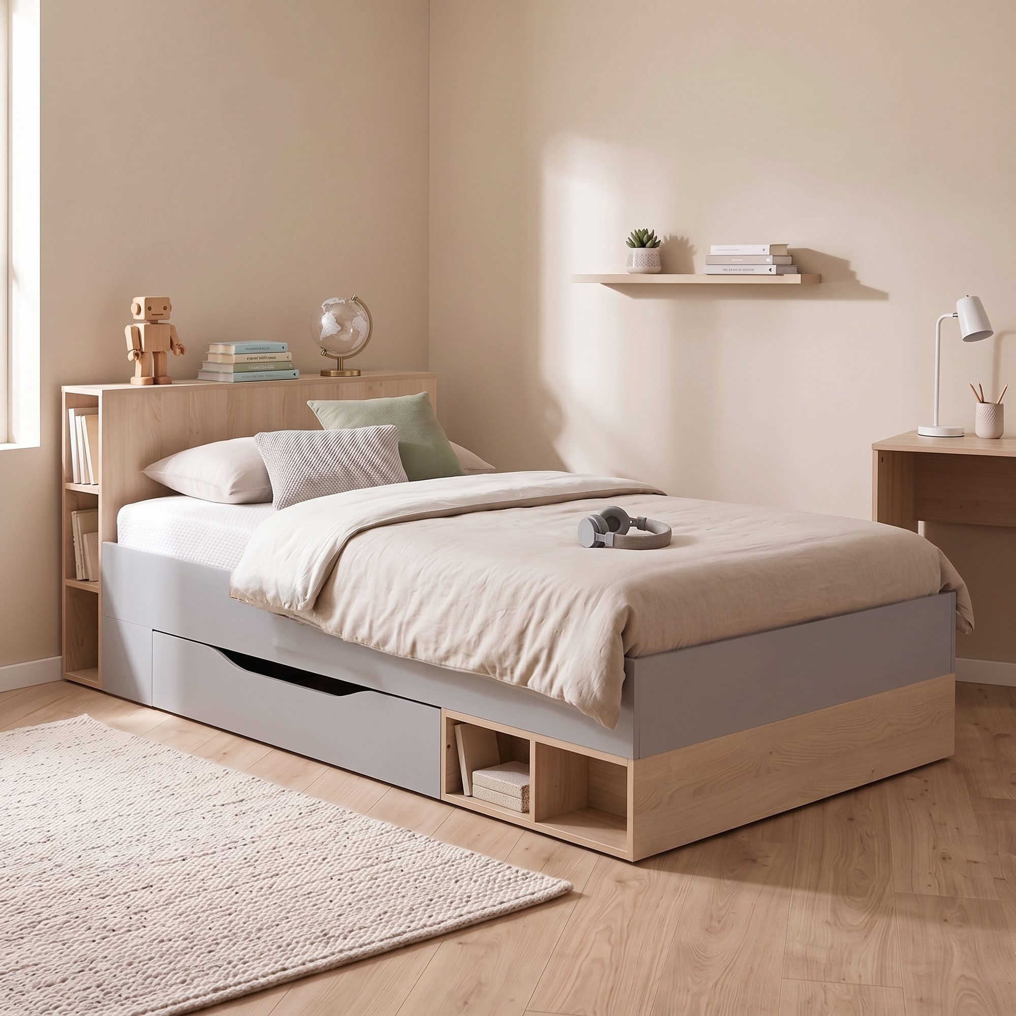 Lomadox Jugendbett ORIELLA_133, mit 120x200 cm Liegefläche, Grau mit Eiche, Schublade, Regalfächer