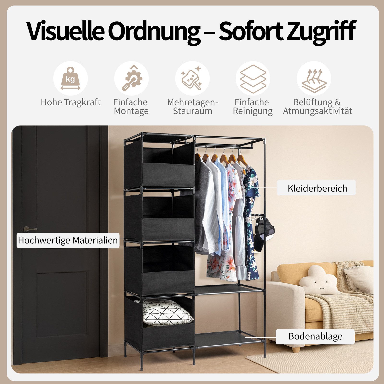 HT Stoffschrank Kleiderschrank aus Vliesstoff, 170x102x42,5cm 4-stufiger zweireihiger Hängeschrank mit Vorhängen und Ablagefächern – Bild 4 von 5