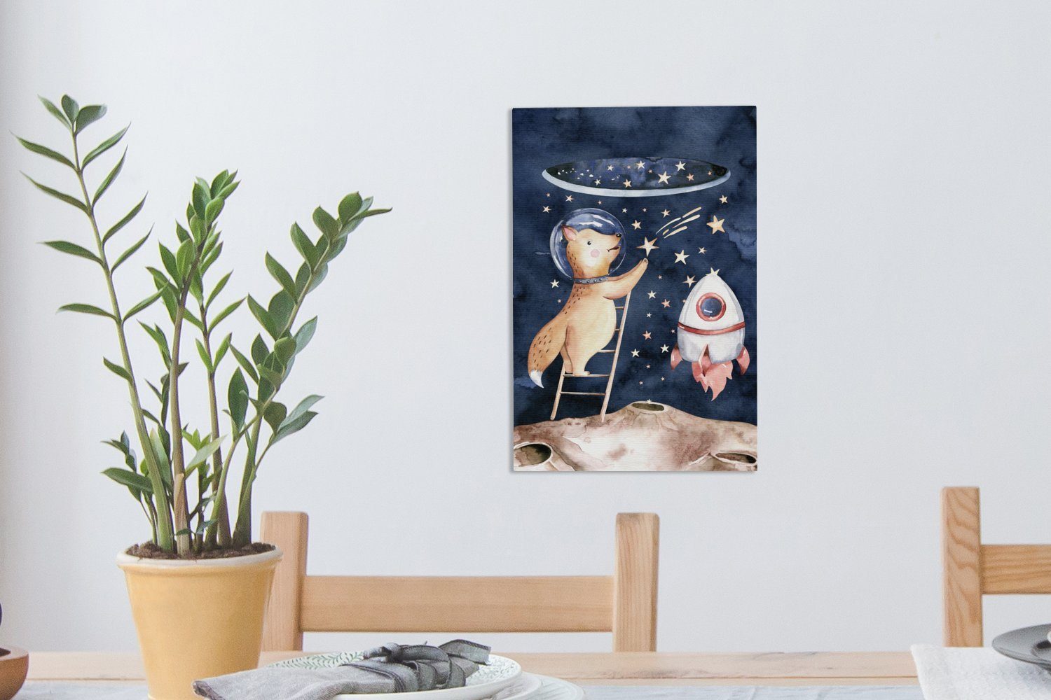 Jungen Zackenaufhänger, St), - Gemälde, Weltraum - Kind, (1 Leinwandbild inkl. OneMillionCanvasses® Fuchs 20x30 Mädchen fertig - Rakete cm bespannt - - Leinwandbild