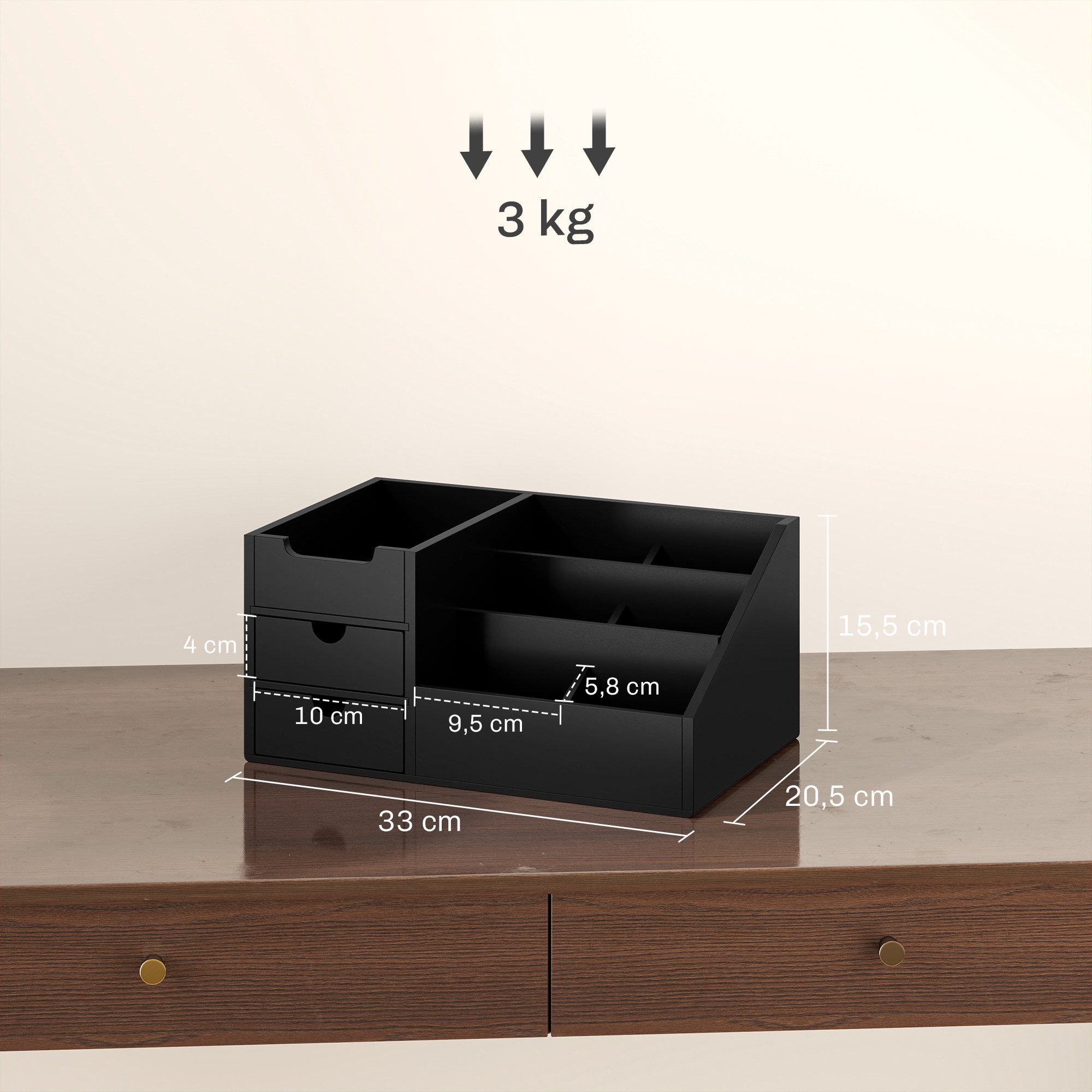 HOMCOM Organizer Aufbewahrungsbox Büro Box Organisation (Schreibtischorganizer, 1 St., 2 Schublade), Schwarz 33 x 20,5 x 15,5 cm