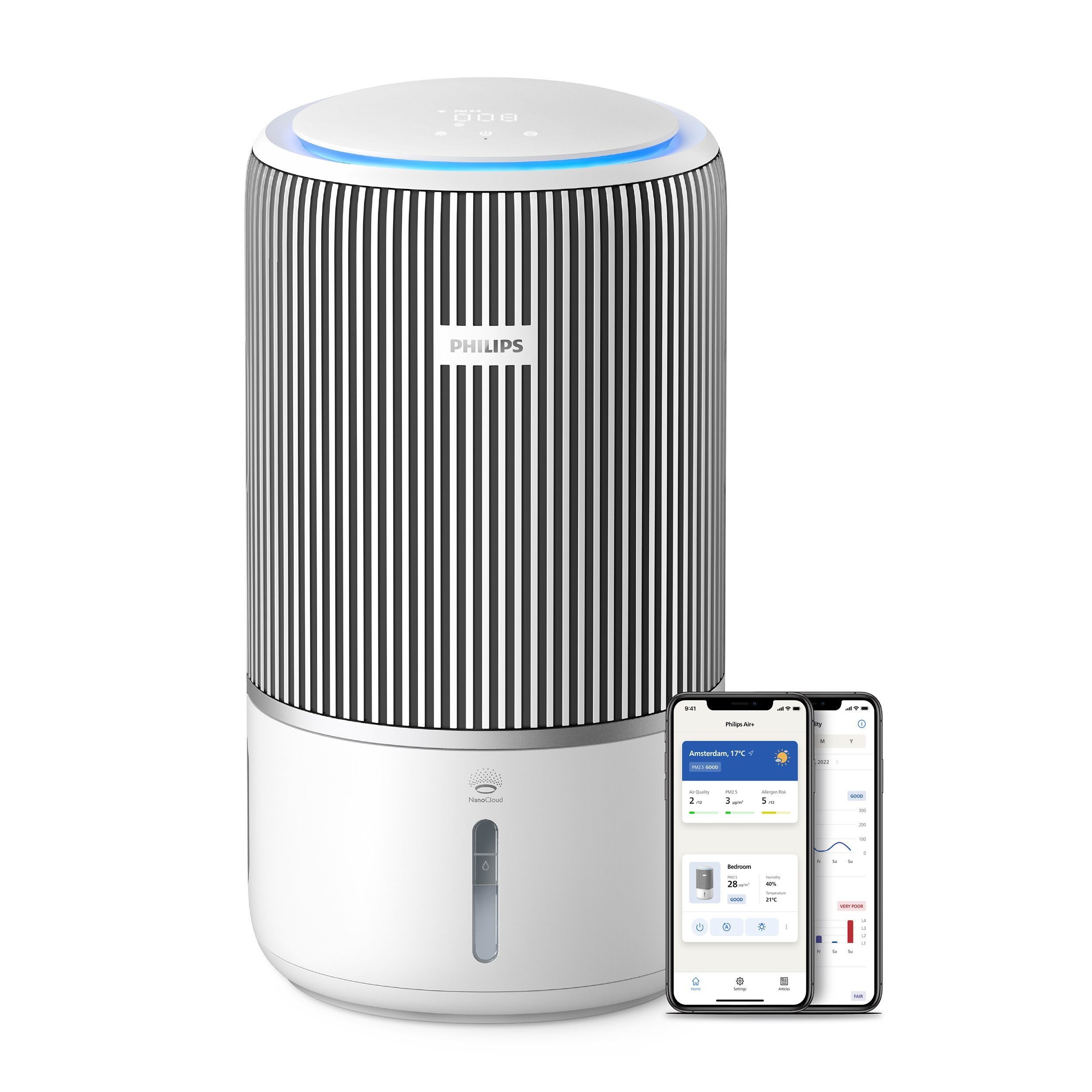 Philips Kombigerät Luftbefeuchter und -reiniger PureProtect Water 3400 Series 2-in-1 AC3420/10, für 60 m² Räume, HEPA13 & Befeuchter 300m³/h Grau App