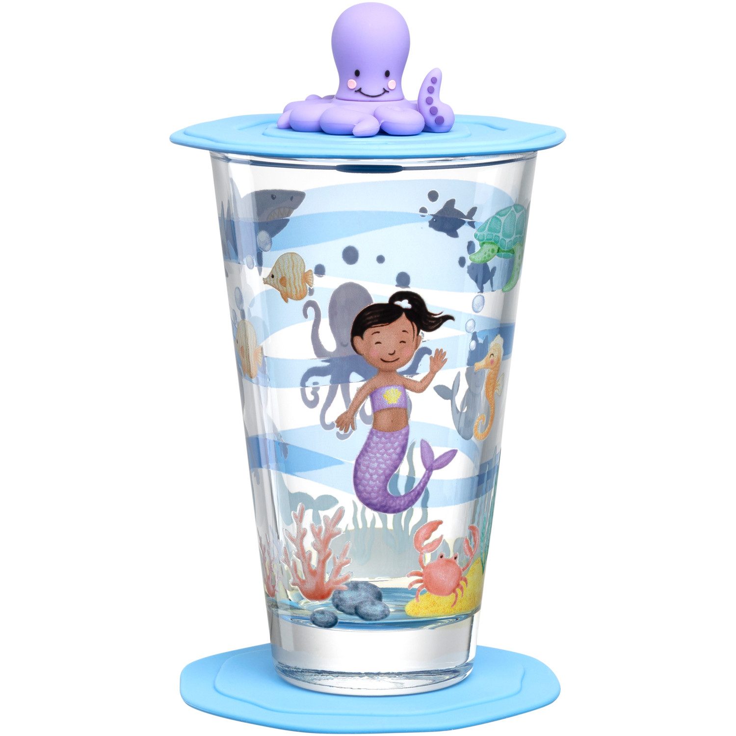 LEONARDO Glas Bambini Avventur, Kalk-Natron Glas, 3 -tlg. inkl. Deckel & Untersetzer, Kindermotiv, Spülmaschinenfest
