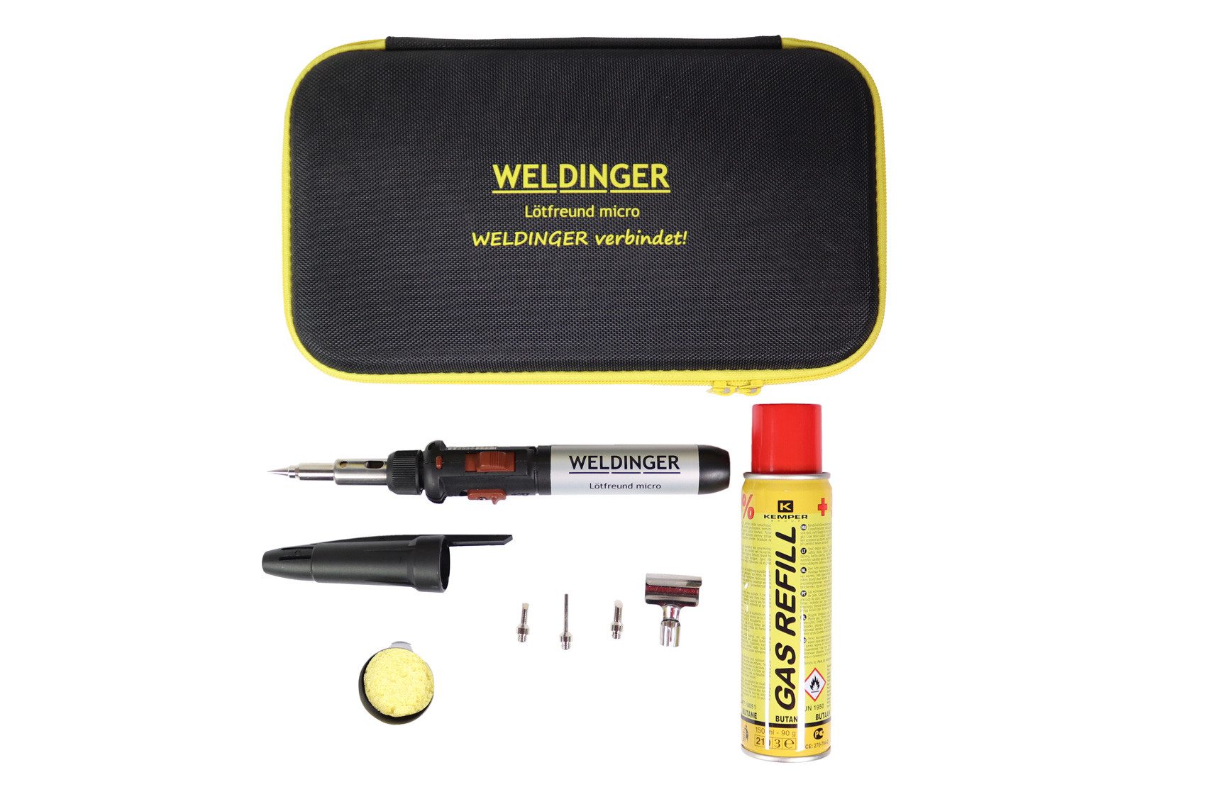WELDINGER Lötkolben WELDINGER Lötfreund Micro Kleinstlötbrenner mit Zubehör in Softbox, max. 680 °C, Gasbrenner, 5-tlg., integrierter Tank, Piezozündung