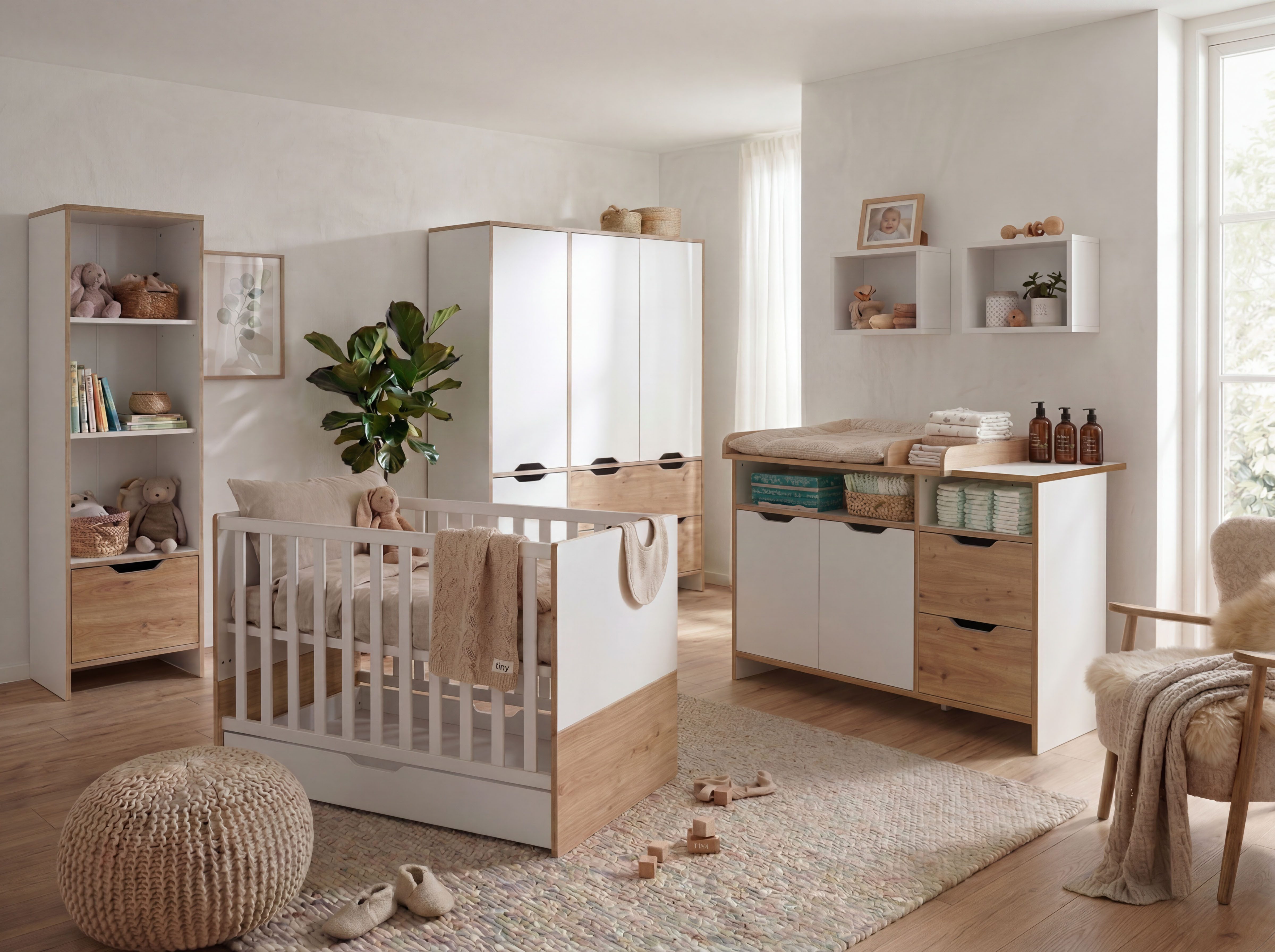 arthur berndt Babyzimmer-Komplettset Maxim, (Set, 7-tlg., Bett, Schrank, Wickelkommode, Bettkasten, Regale, Umbauseiten), komplett Babyzimmer