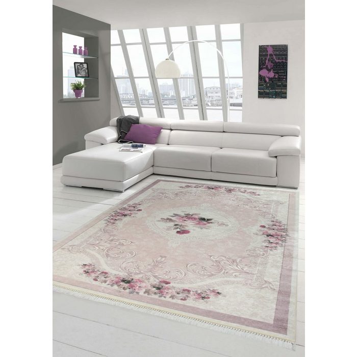 Teppich Teppich Blumen Wohnzimmerteppich waschbar in Rosa Creme Teppich-Traum rechteckig Höhe: 5 mm