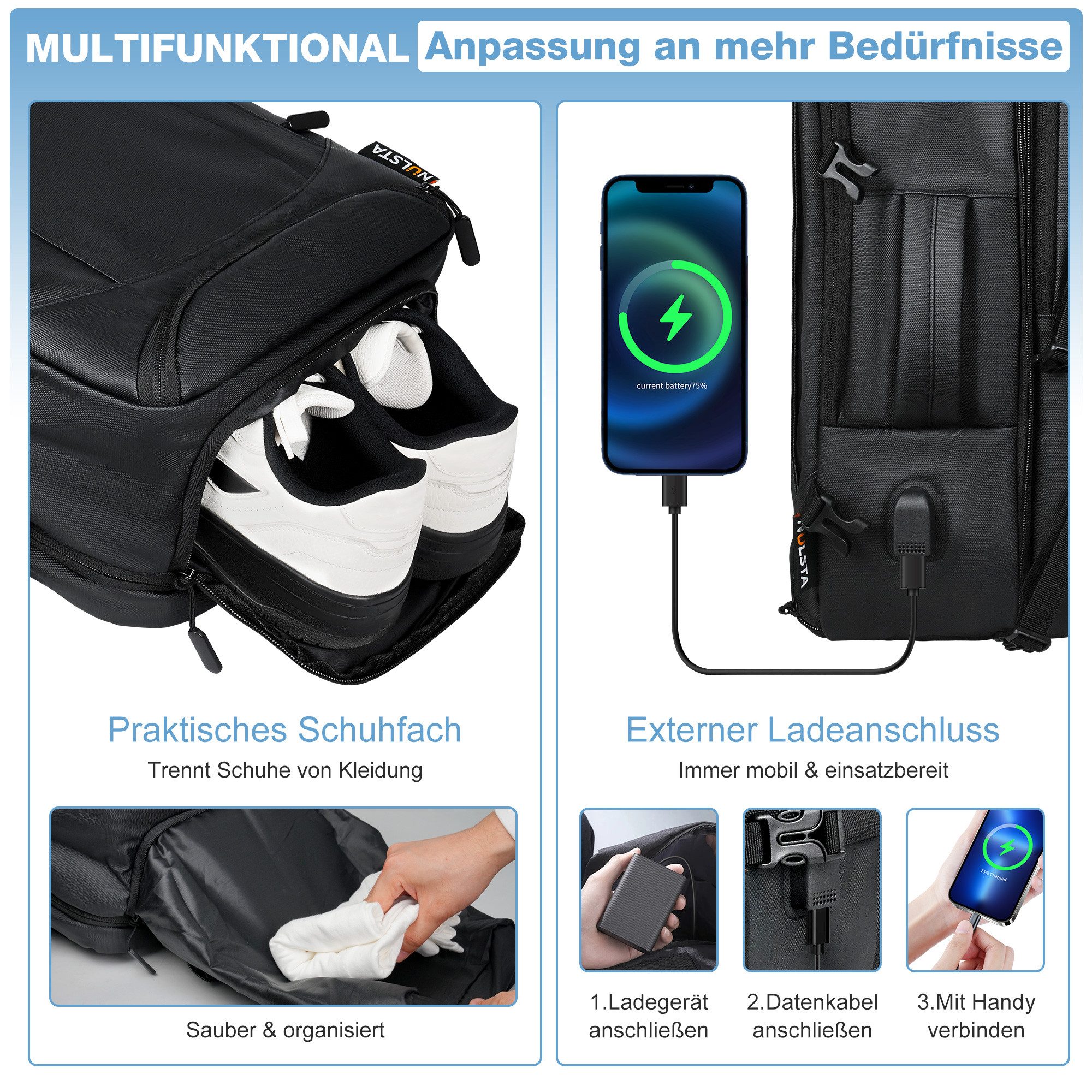 NULSTA Rucksack Reiserucksack Erweiterbarer 26-39L Herren Damen Handgepäck Flugzeug (Laptop Notebook Tasche Schule Uni Rucksack, Sportrucksack, Backpack mit Laptopfach Freizeit Arbeit Business Reisen), Laptop Rucksack spritzwassergeschütztes für Weekender