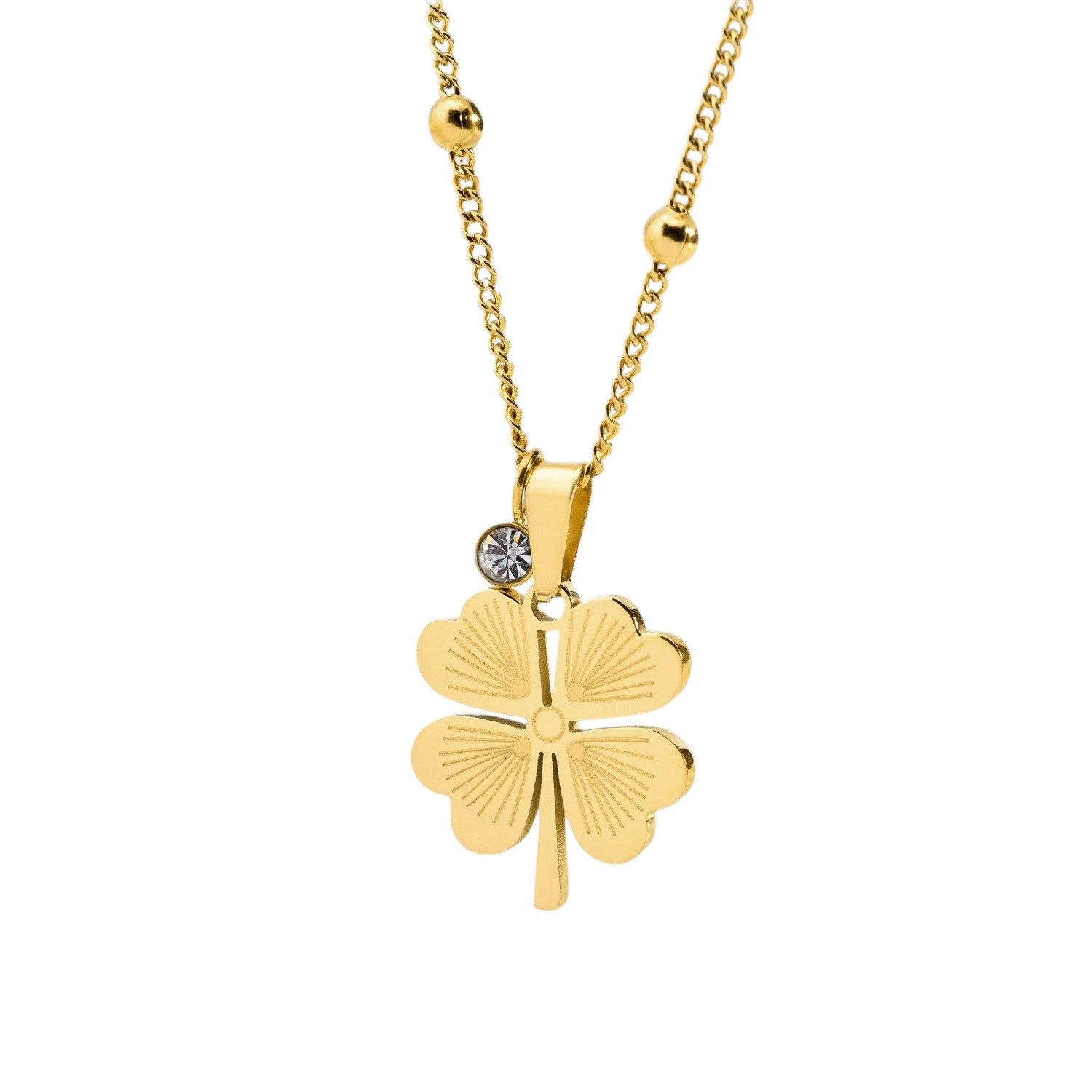 KARMA Kette mit Anhänger Halskette Damen Kleeblatt Gold 40 cm Edelstahl vergoldet (wasserfest hypoallergen rostfrei, 1-tlg., e Geschenk für Frauen Kleekette), Kleeblattkette Glücksbringer Damenhalskette Klee Schmuck Damen Gold