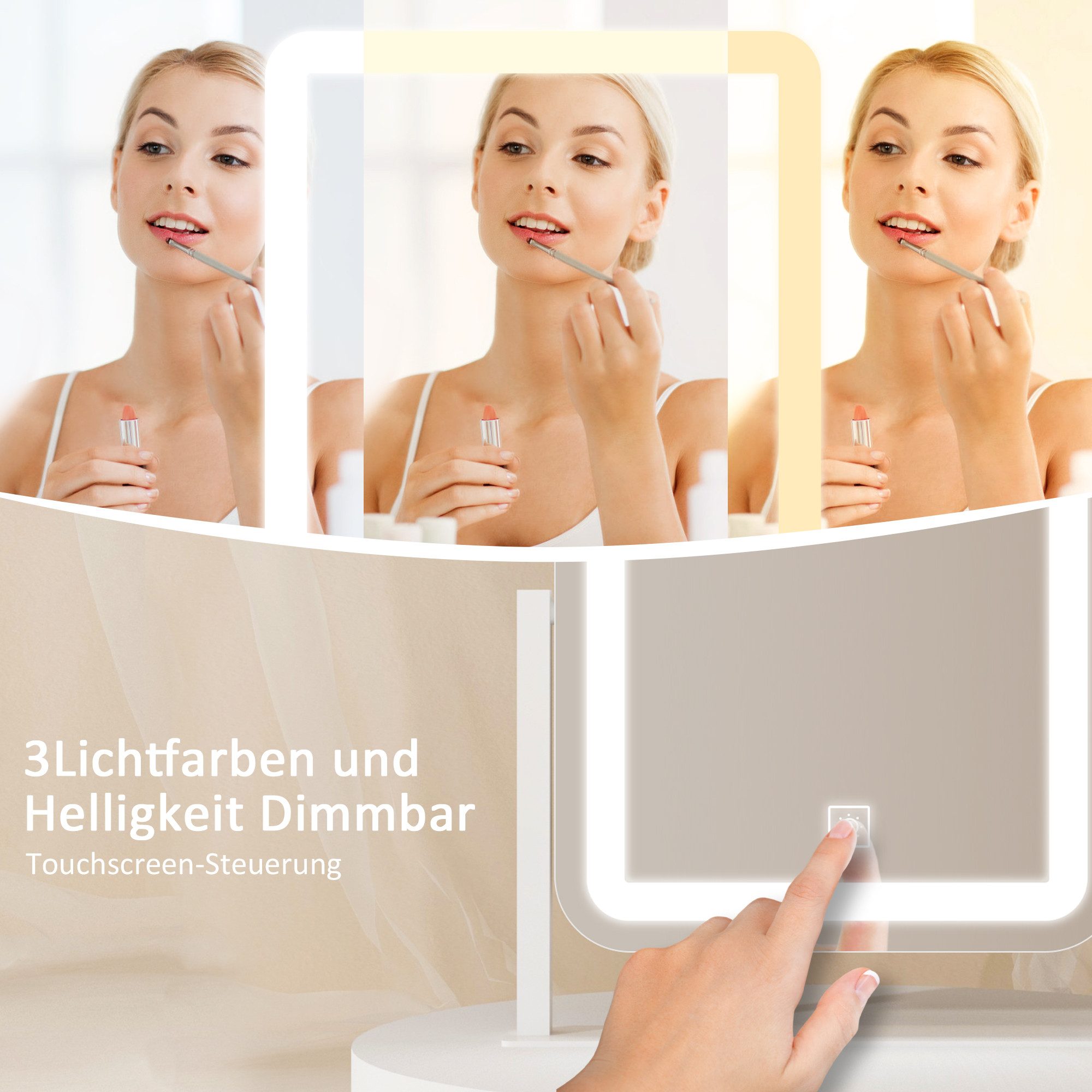 WDWRITTI Kosmetikspiegel LED Schminkspiegel 3Lichtfarben Helligkeit dimmbar Touch Tischspiegel (Make Up Spiegel, 360° Drehbar), Umweltschutz Spiegel, energiesparender