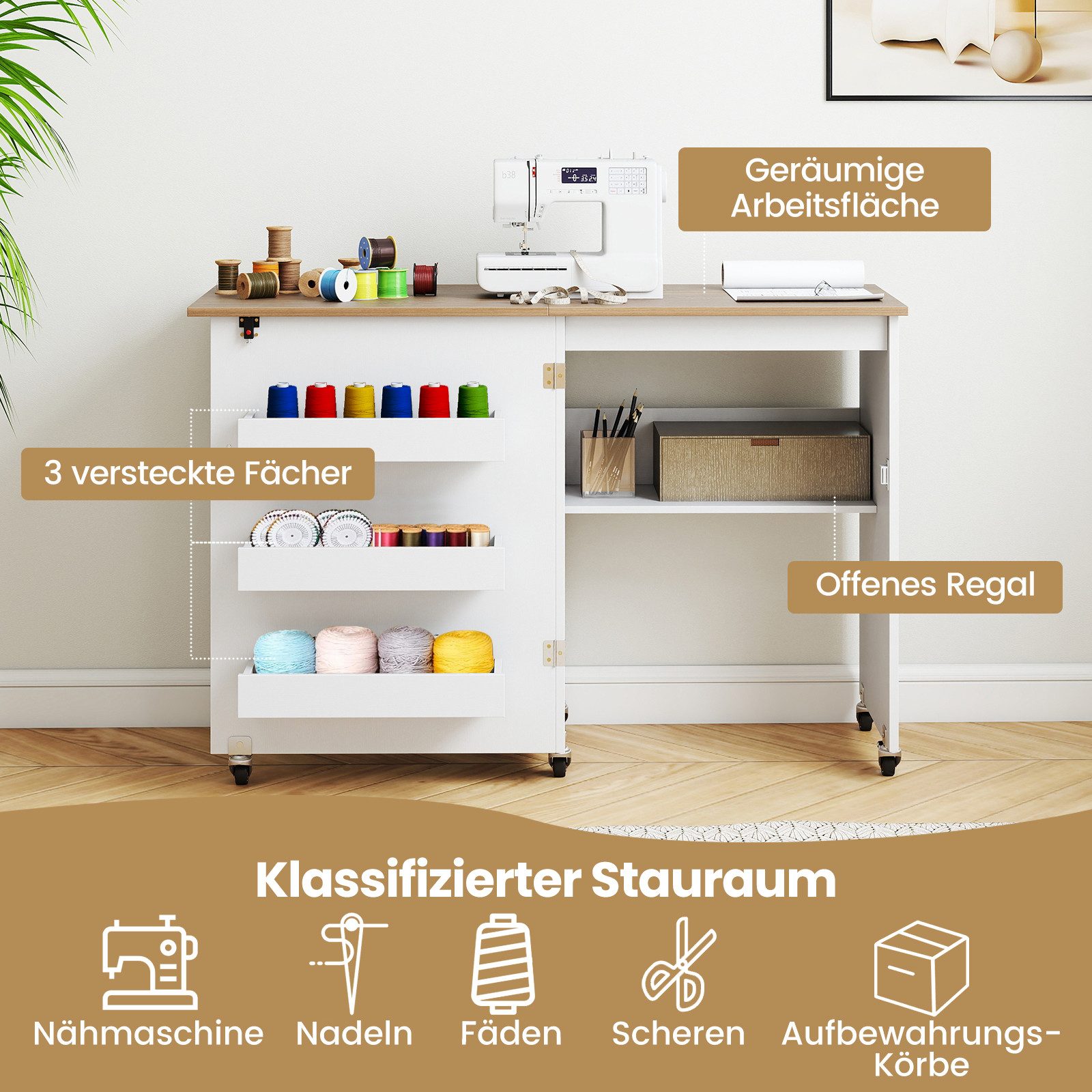 COSTWAY Schreibtisch, Nähtisch klappbar, Nähschrank mit Rollen, Holz