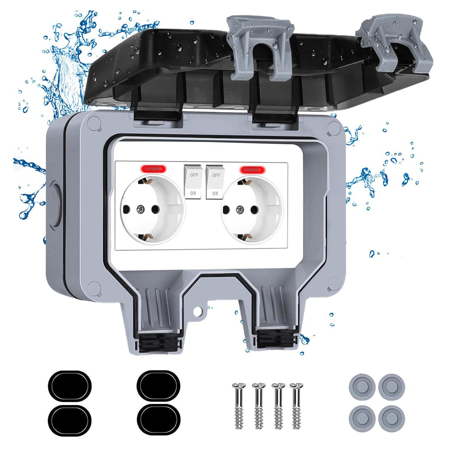 MOPUEA Aufputz-Steckdose Gartensteckdose Außensteckdose Wasserdicht Doppelsteckdose Steckdose, IP66 mit Schalter Kontrollleuchte, Aussensteckdose Wandsteckdose, 1-St., Gartensteckdose mit Abschließbar Klappdeckel, für Garten Außenbereich Feuchträume