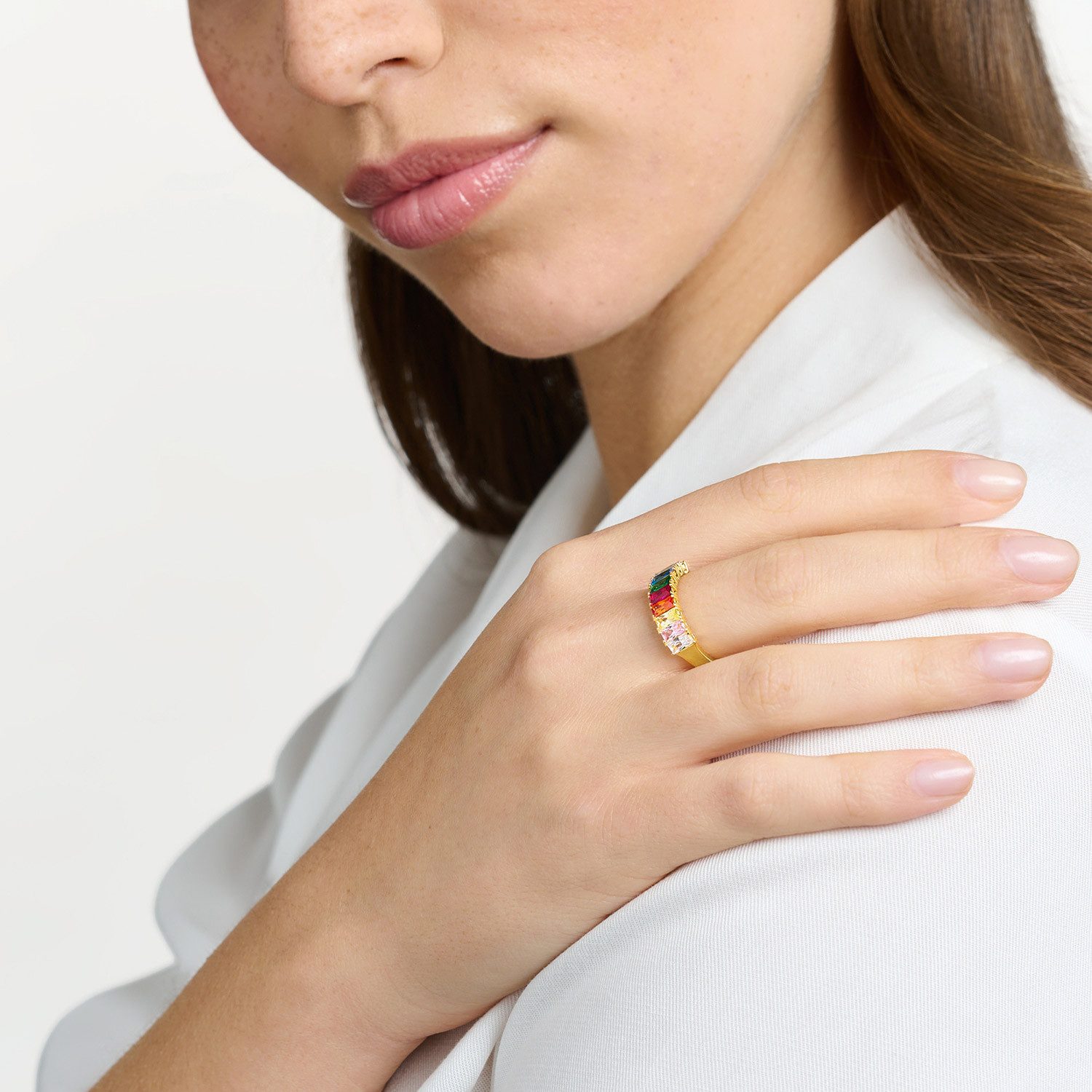 THOMAS SABO Silberring Damen-Goldfarben Bunte Steine