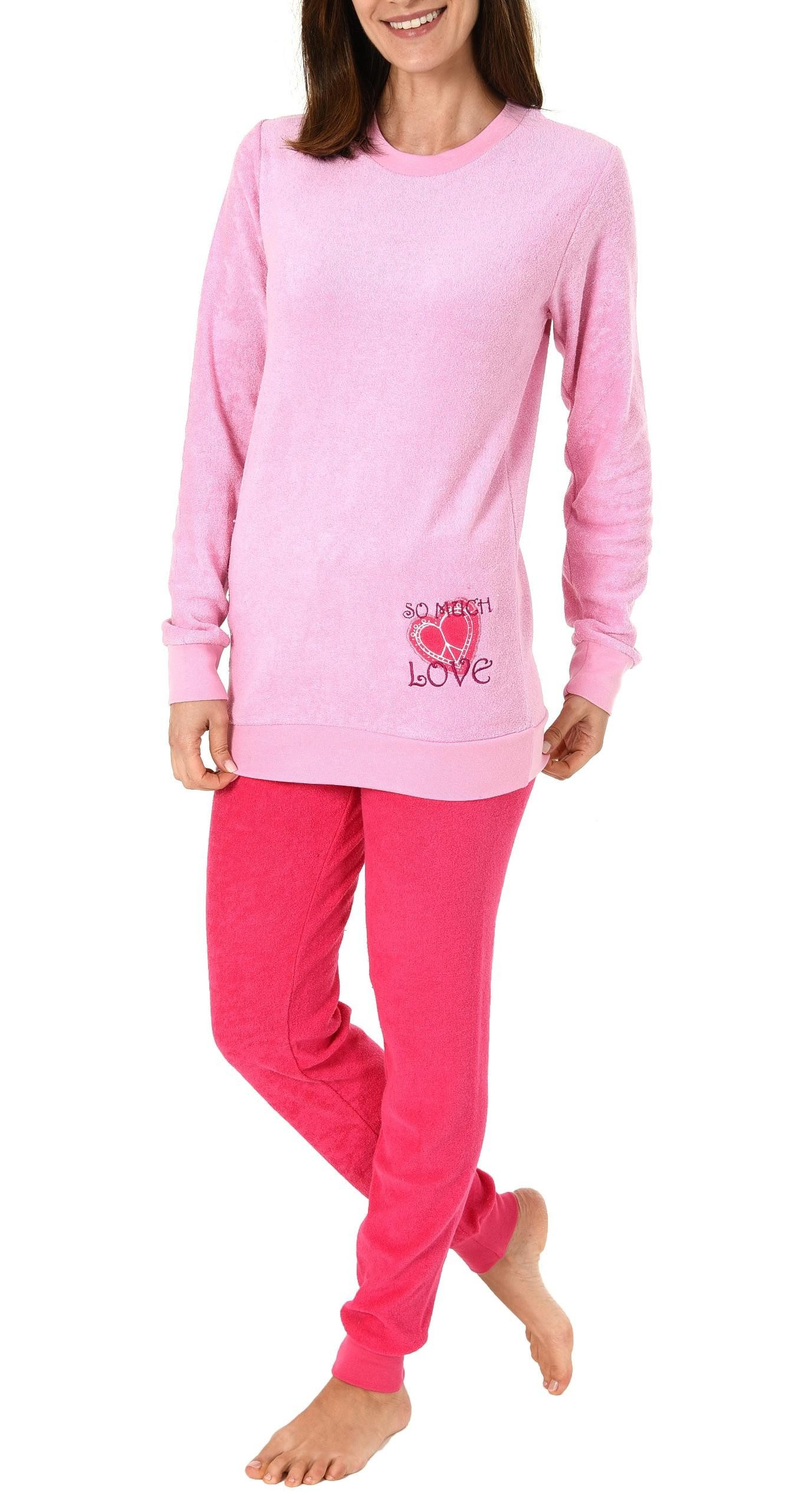 Pyjama Damen Frottee Pyjama langarm Schlafanzug mit Bündchen und Herz Motiv