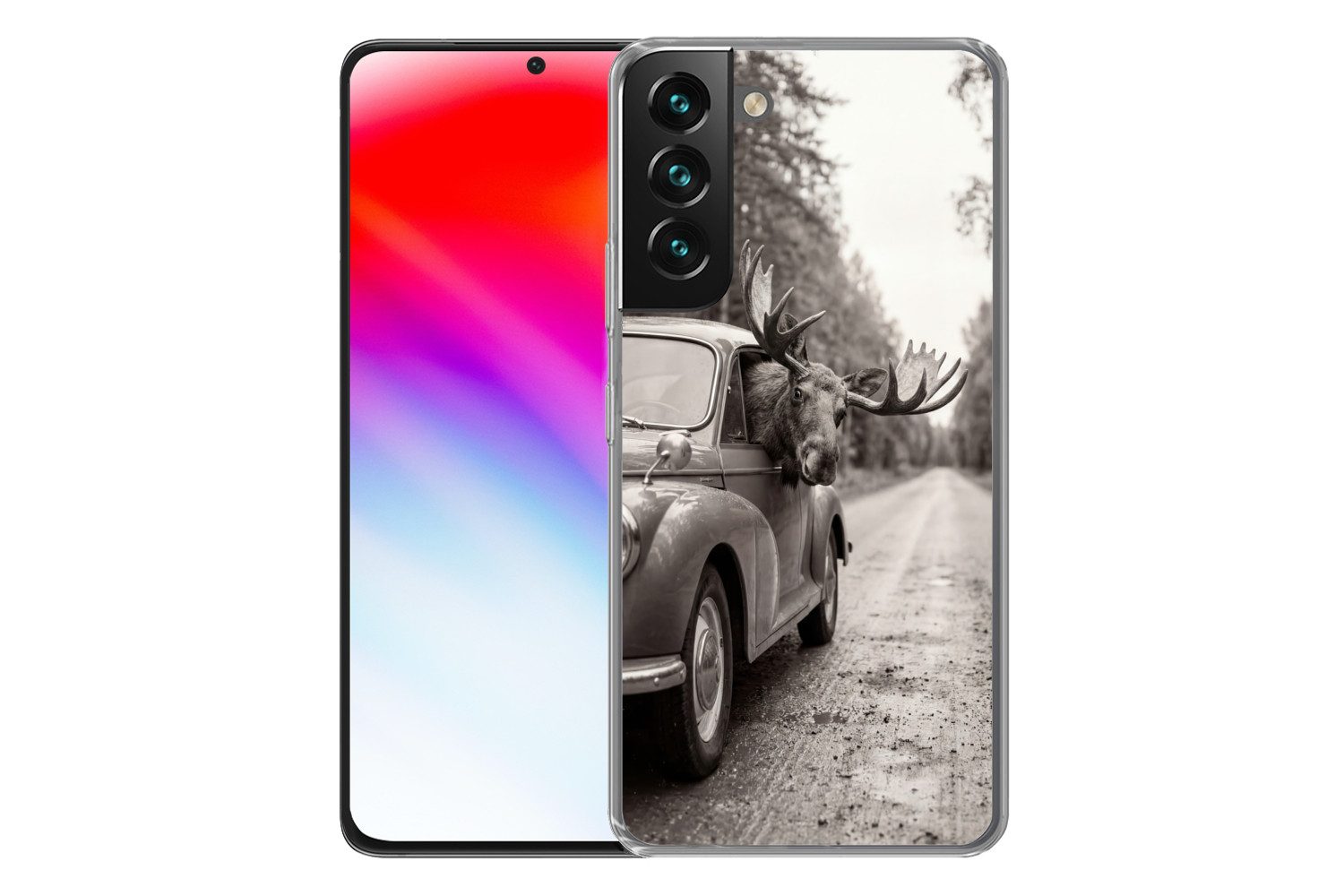MuchoWow Handyhülle für Samsung Galaxy S22 Elch - Auto - Geweih - Schwarz - Weiß, Phone Case, Silikon, Schutzhülle Dünn