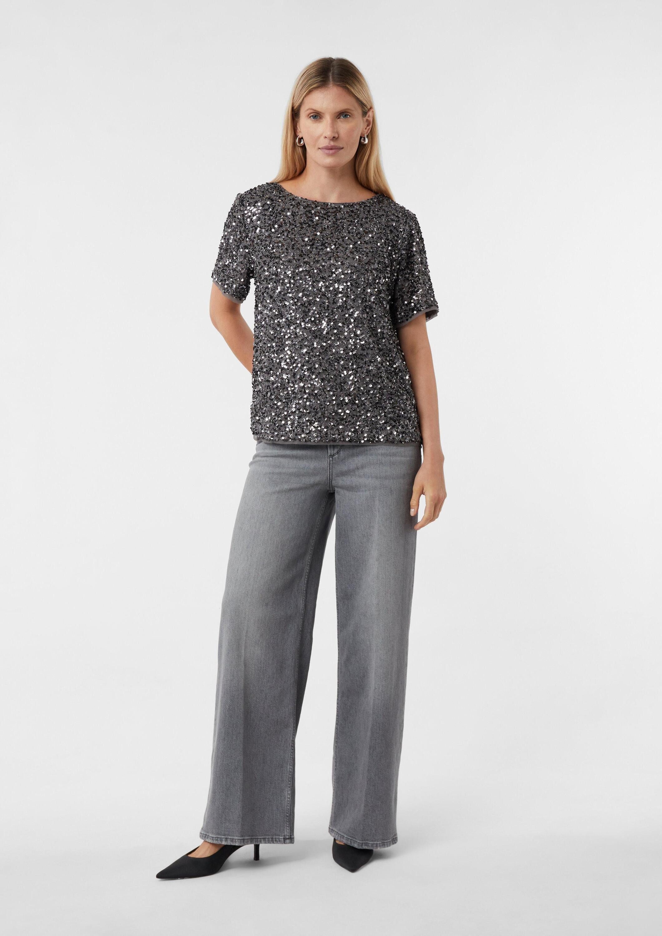 comma Kurzarmbluse Bluse Blusenshirt mit Pailletten