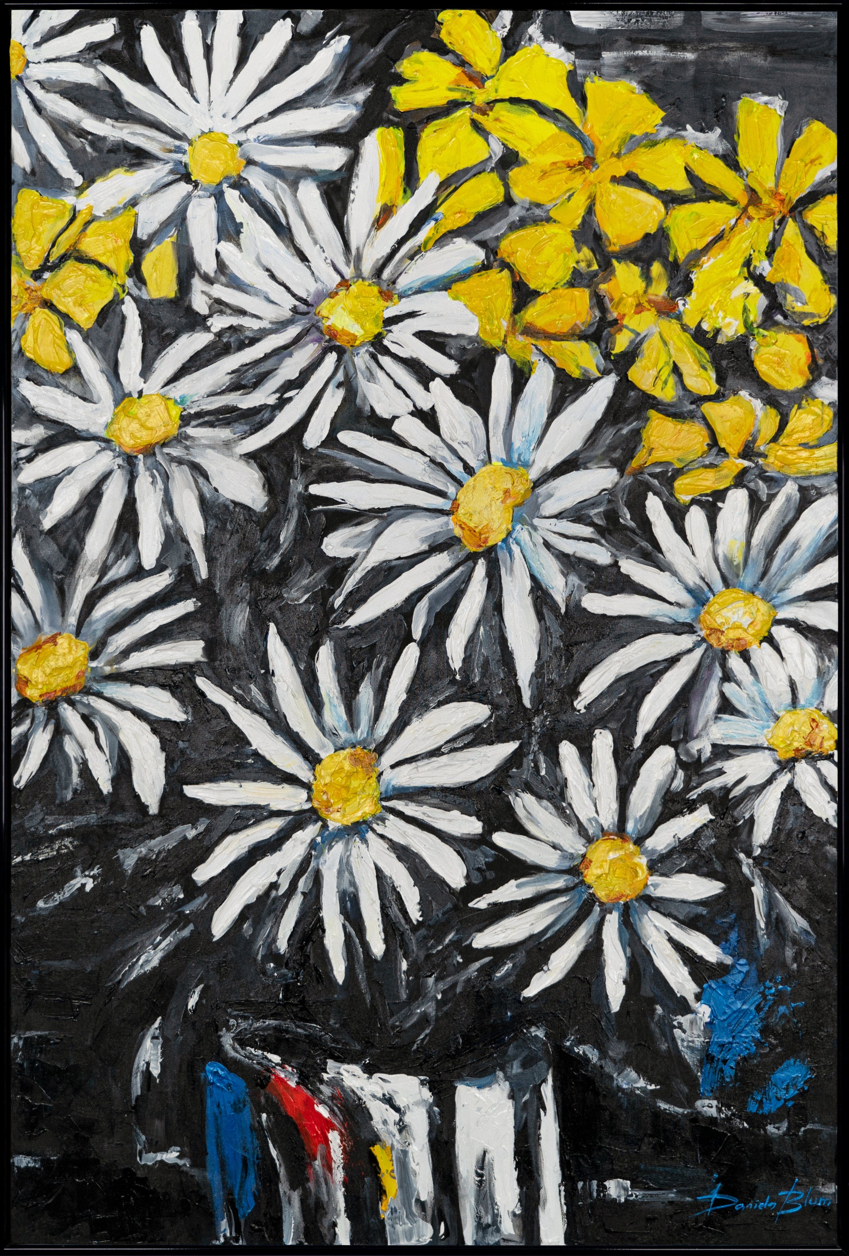 YS-Art Gemälde Schneeweiße Margeriten, Blumen Mit Rahmen in Schwarz