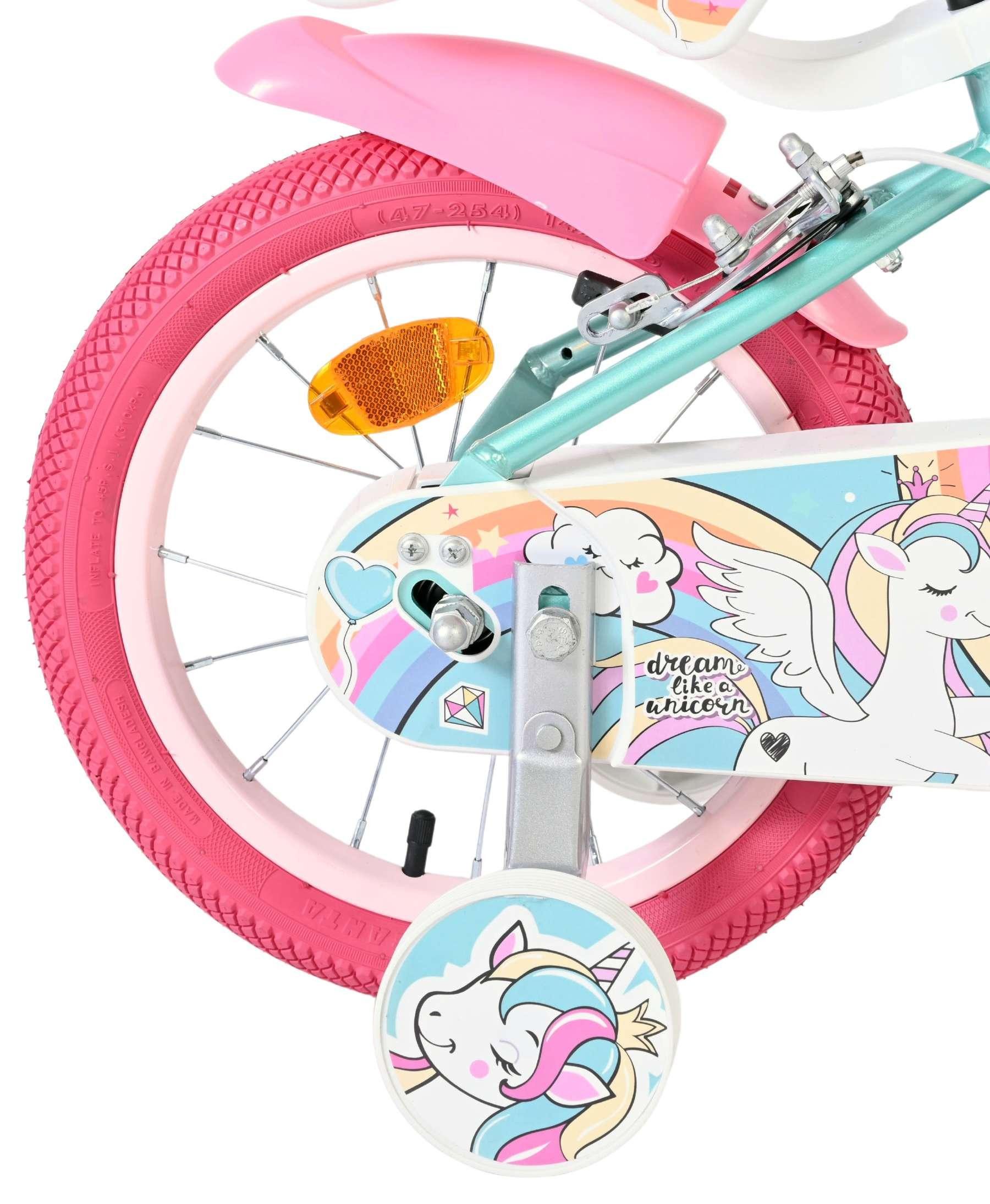 Volare Kinderfahrrad Unicorn 14 Zoll Grün mit zwei Handbremsen, Einhorn- & Regenbogenmotiv, verspieltes Einhorn-Design, Regenbogenmotive, geschlossene Kette