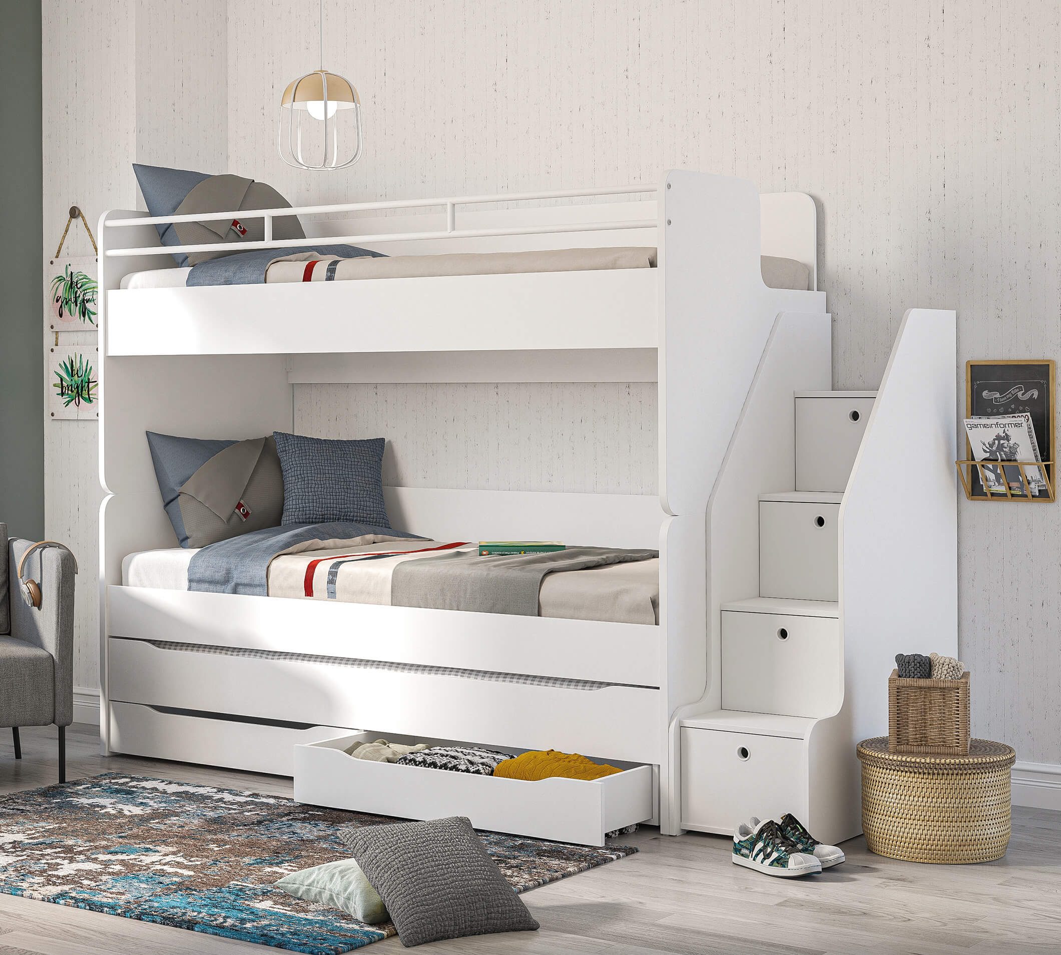 Möbel-Zeit Etagenbett Stockbett Studio für 3 Kinder (1 x Treppe, 2 x Einzelbett, 1 x Ausziehbett, 1 x Bettkasten)