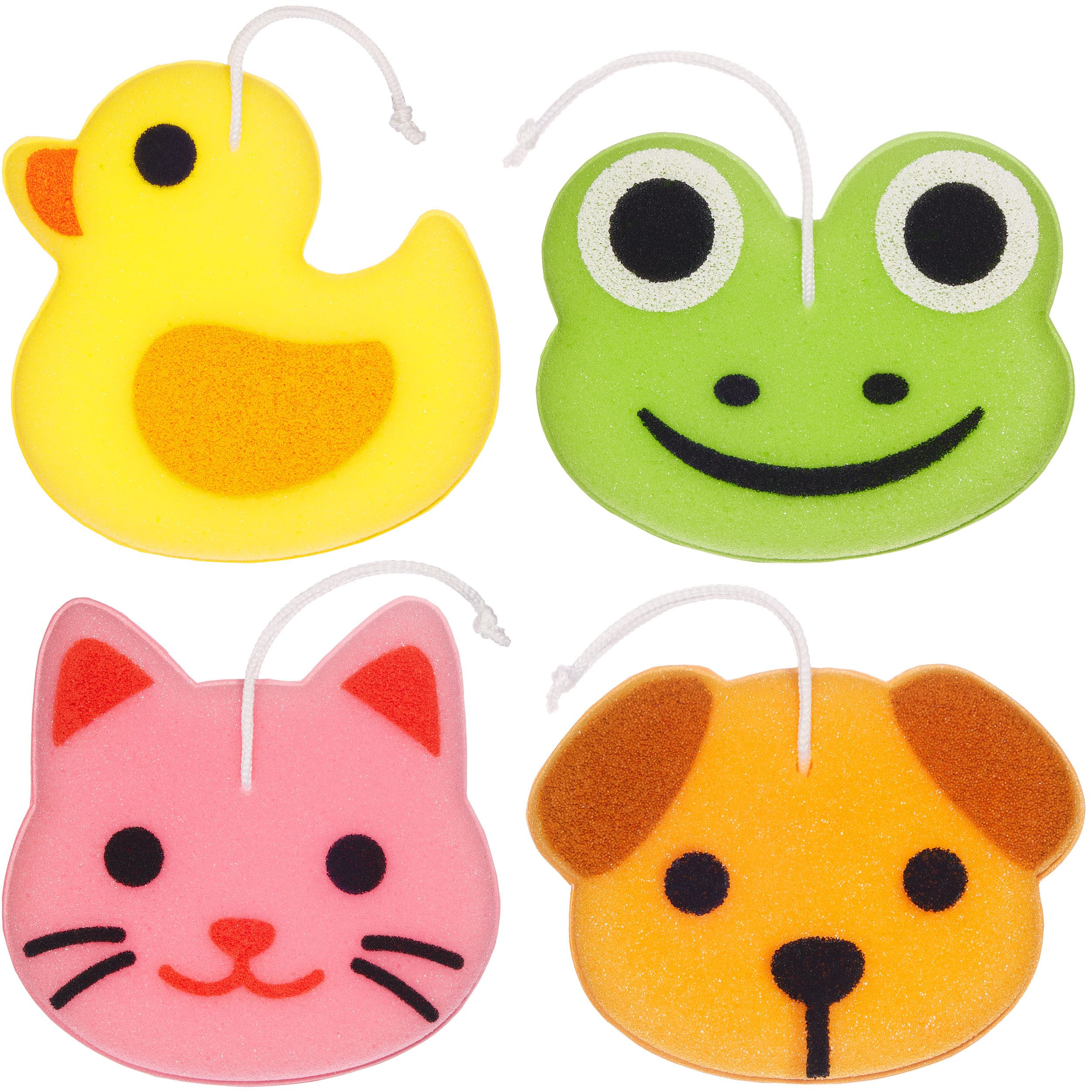 BRUBAKER Duschschwamm Badeschwamm Set Tiere - Ente, Frosch, Hund und Katze, 4-tlg., 25 g Badeknäuel Körperreinigungsschwamm für Kinder und Erwachsene