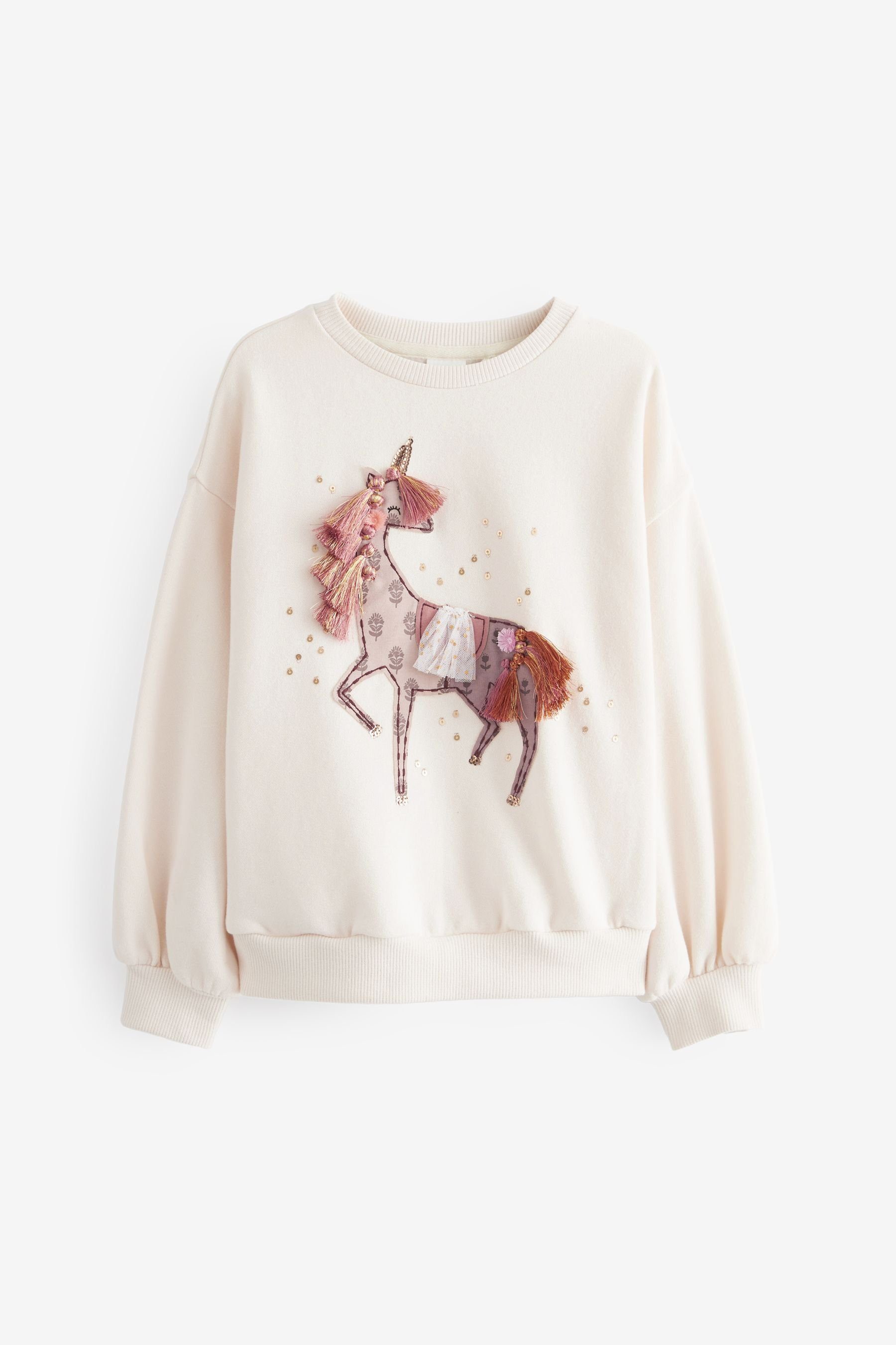 Next Sweatshirt Sweatshirt mit Rundhalsausschnitt (1-tlg) Ecru Cream Unicorn Embellished