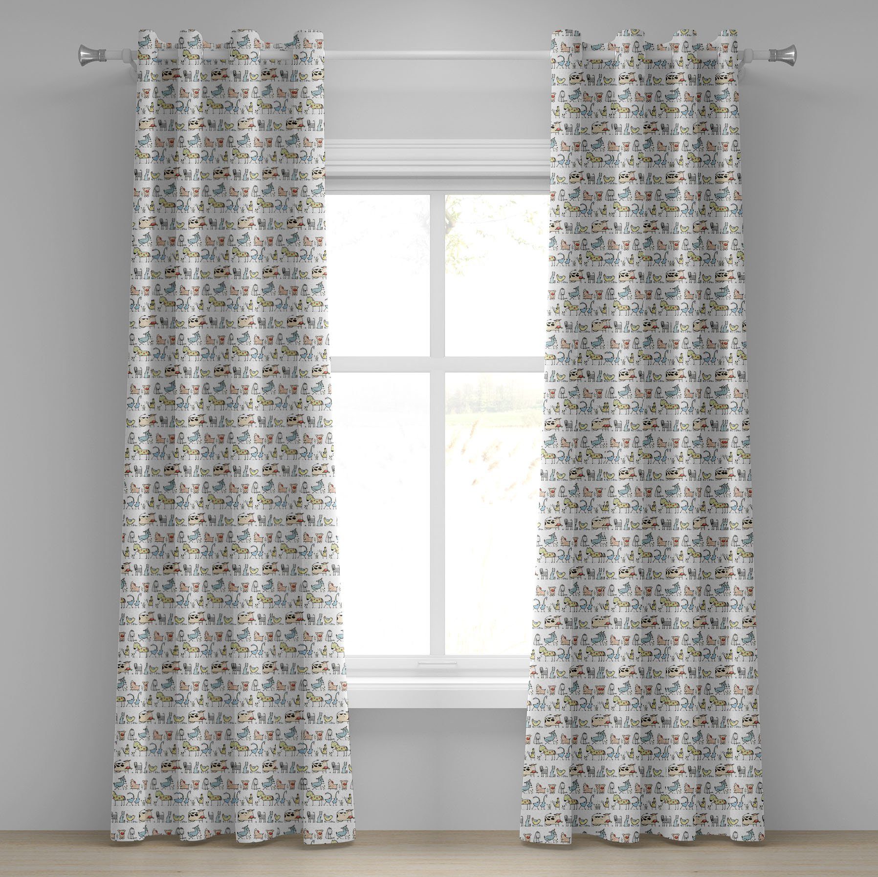 Gardine Dekorative 2-Panel-Fenstervorhänge für Schlafzimmer Wohnzimmer, Abakuhaus, Retro Cartoon Dorf Tiere