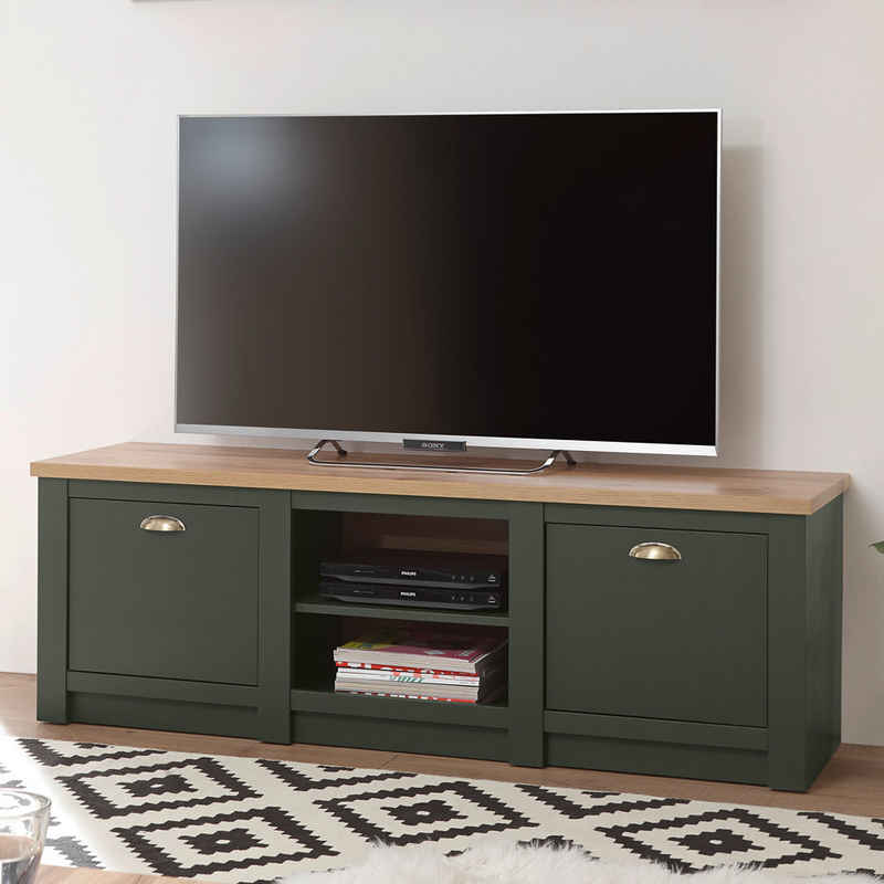 Lomadox Lowboard CINCINNATI-61, Landhaus TV- in grün mit Wotaneiche, B/H/T: 152/51/45cm