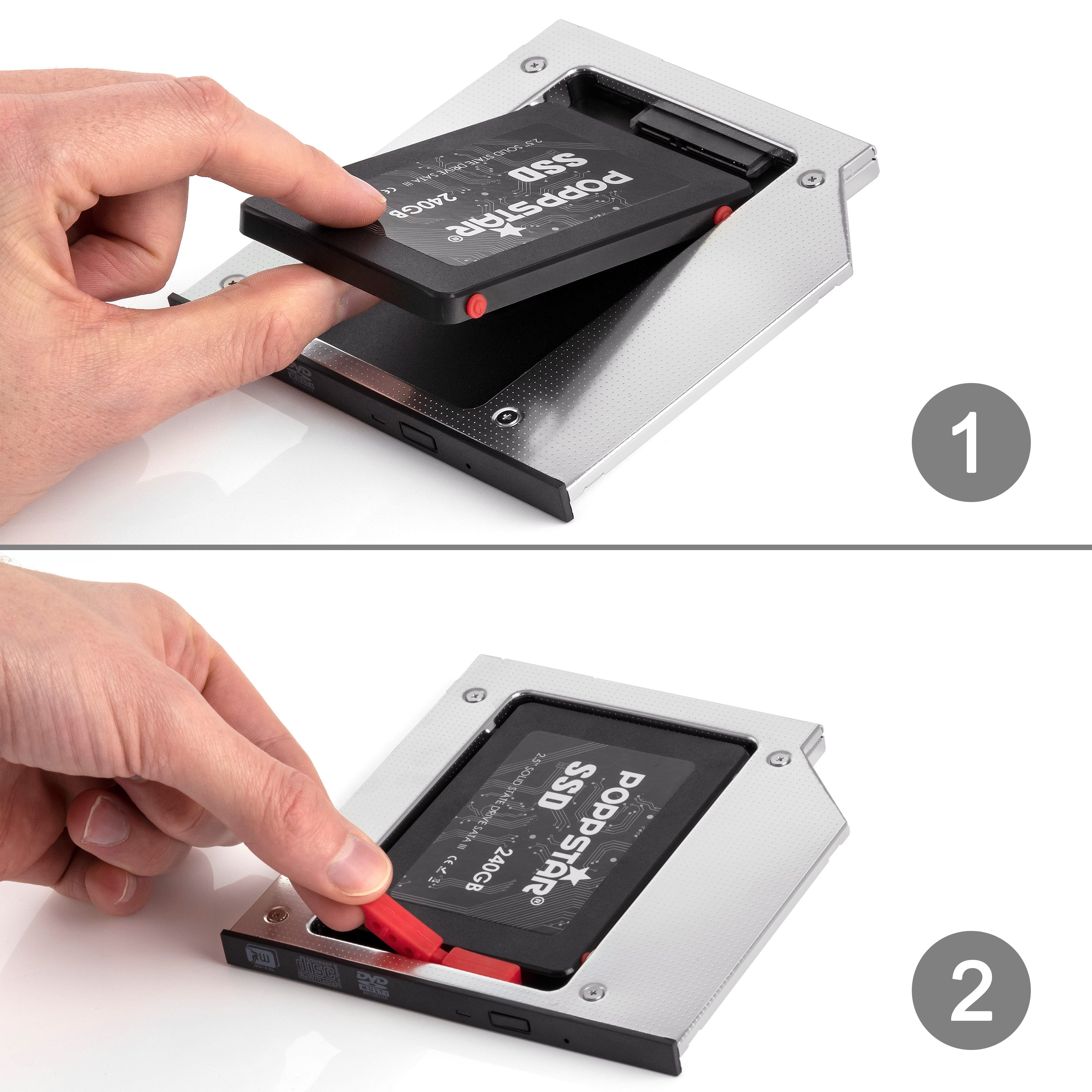 Poppstar Festplatten-Einbaurahmen Notebook Laufwerksrahmen/Laufwerksschacht für SSD/HDD, Höhe 12,7mm für 2,5" SSD/HDDs 7mm - 12,5mm, schraubenlose Montage