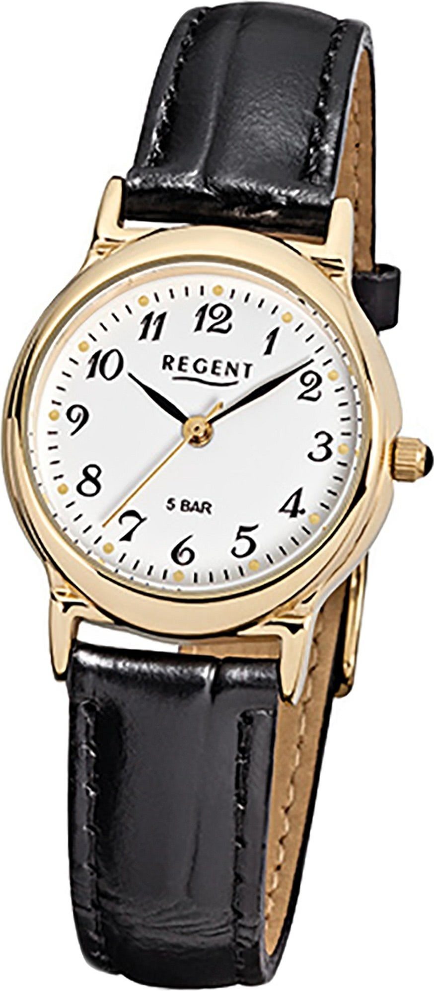 Regent Quarzuhr Regent Leder Damen Uhr F-015 Quarzuhr, Damenuhr Lederarmband schwarz, rundes Gehäuse, klein (ca. 27mm)